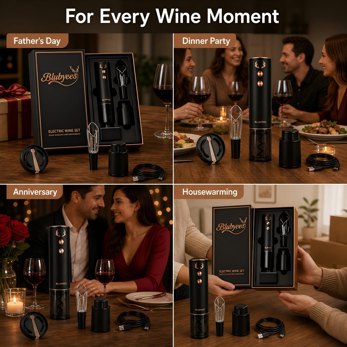 4-in-1 Electric Wine Opener Set – Rechargeable Automatic Corkscrew, Foil Cutter, Aerator & Vacuum Stopper, Wine Accessories Gift Set for Dad, Father’s Day Gifts for Men, Husband, Wine Lovers