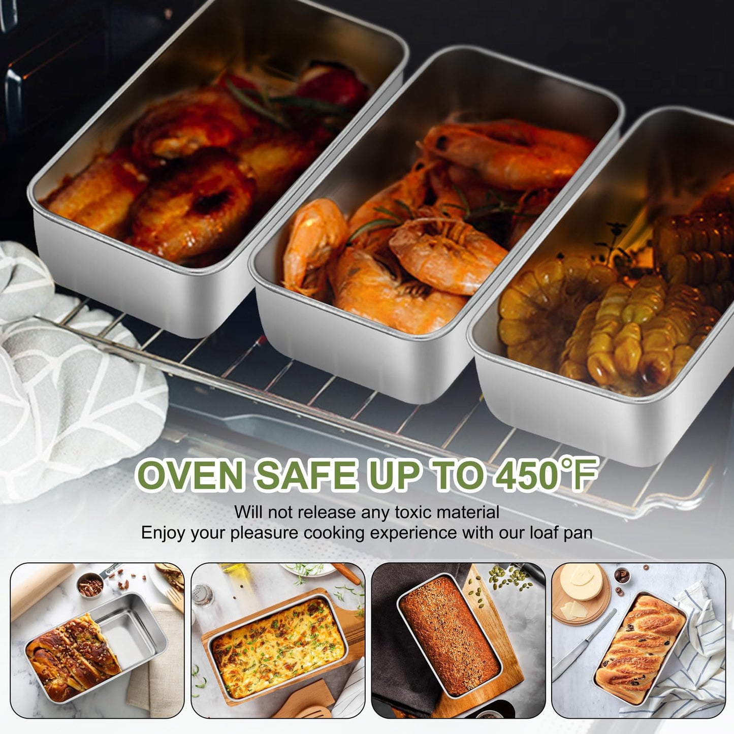 P&P CHEF Loaf Pan Set, 9-inch Bread Pans, Stainless Steel Loaf Toast Baking Pans for Bread Meatloaf Lasagna Cake, Healthy & Non Toxic, Oven & Dishwasher Safe, (Silver, 4Pcs)