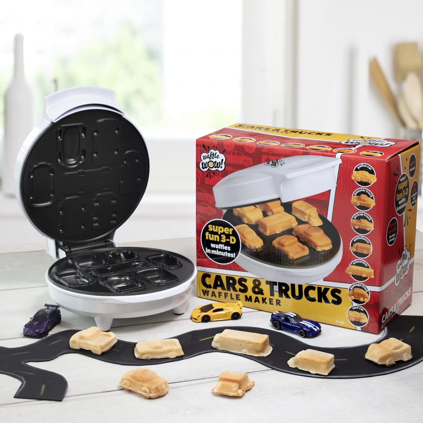Car Mini Waffle Maker- Make 7 Fun, Different Race Cars, Trucks, and Automobile Vehicle Shaped Pancakes- Electric Waffler Iron- Non-Stick Pan Cake Baker w Recipe Guide- Cool Fathers Day Gift for Dad