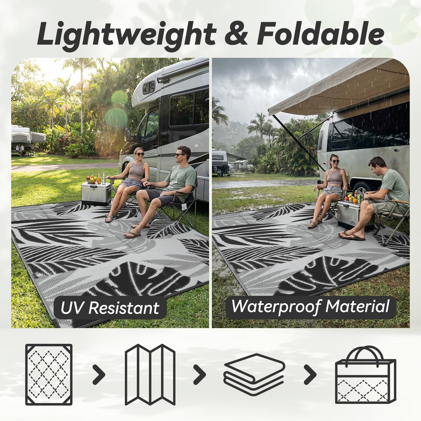 Outdoor Rug-Patio Rug 5x8 ft Waterproof Outdoor Carpet Reversible Portable Outdoor Patio Rugs Camping Mat for Patio Camping Rv Picnic Backyard Deck Balcony Beach Rug,Grey & Black