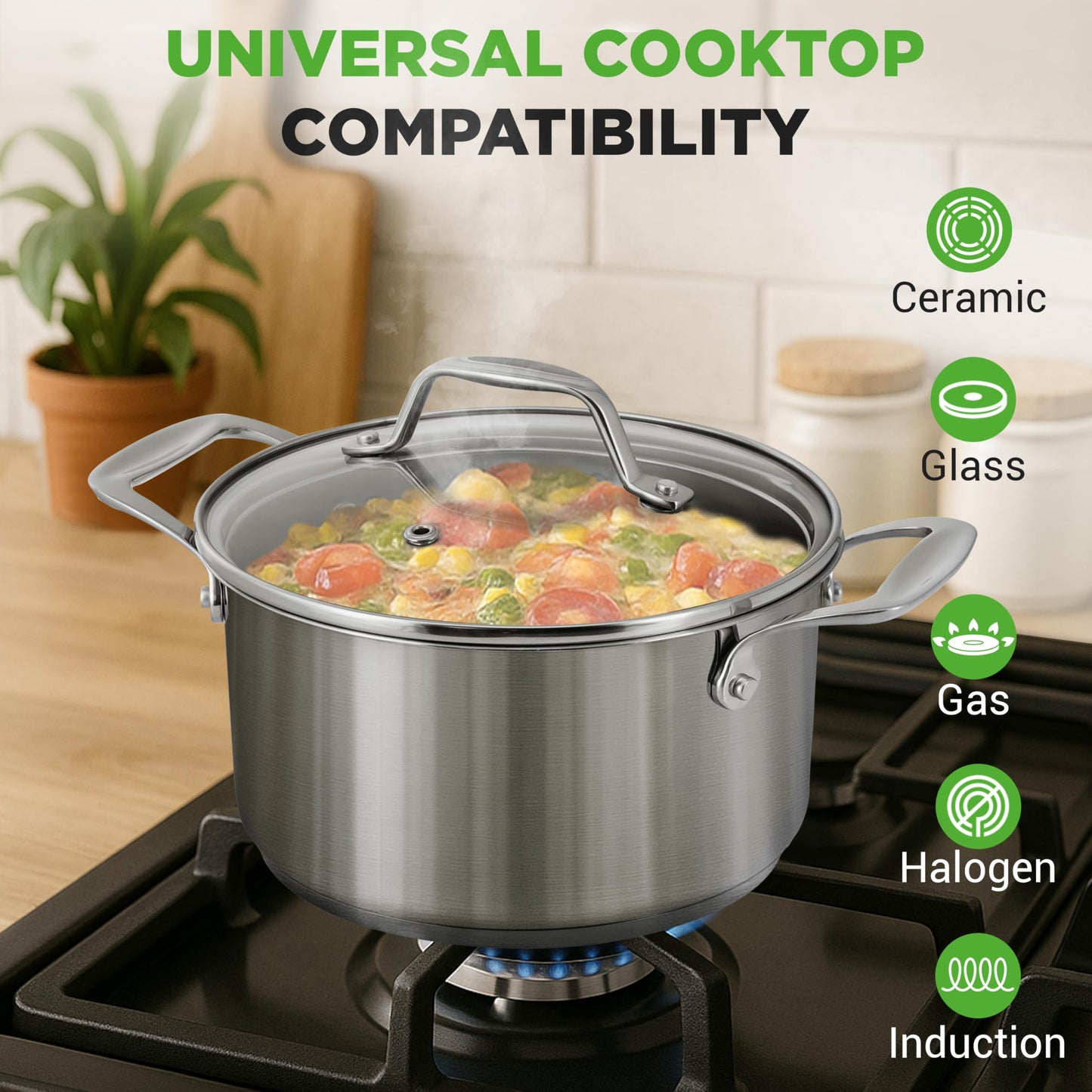 NutriChef 6-Quart Stainless Steel Stockpot – 18/8 Food Grade Heavy-Duty Induction-Compatible Pot with See-Through Lid, Ideal for Stews, Broths, Simmering & Soups, Dishwasher Safe