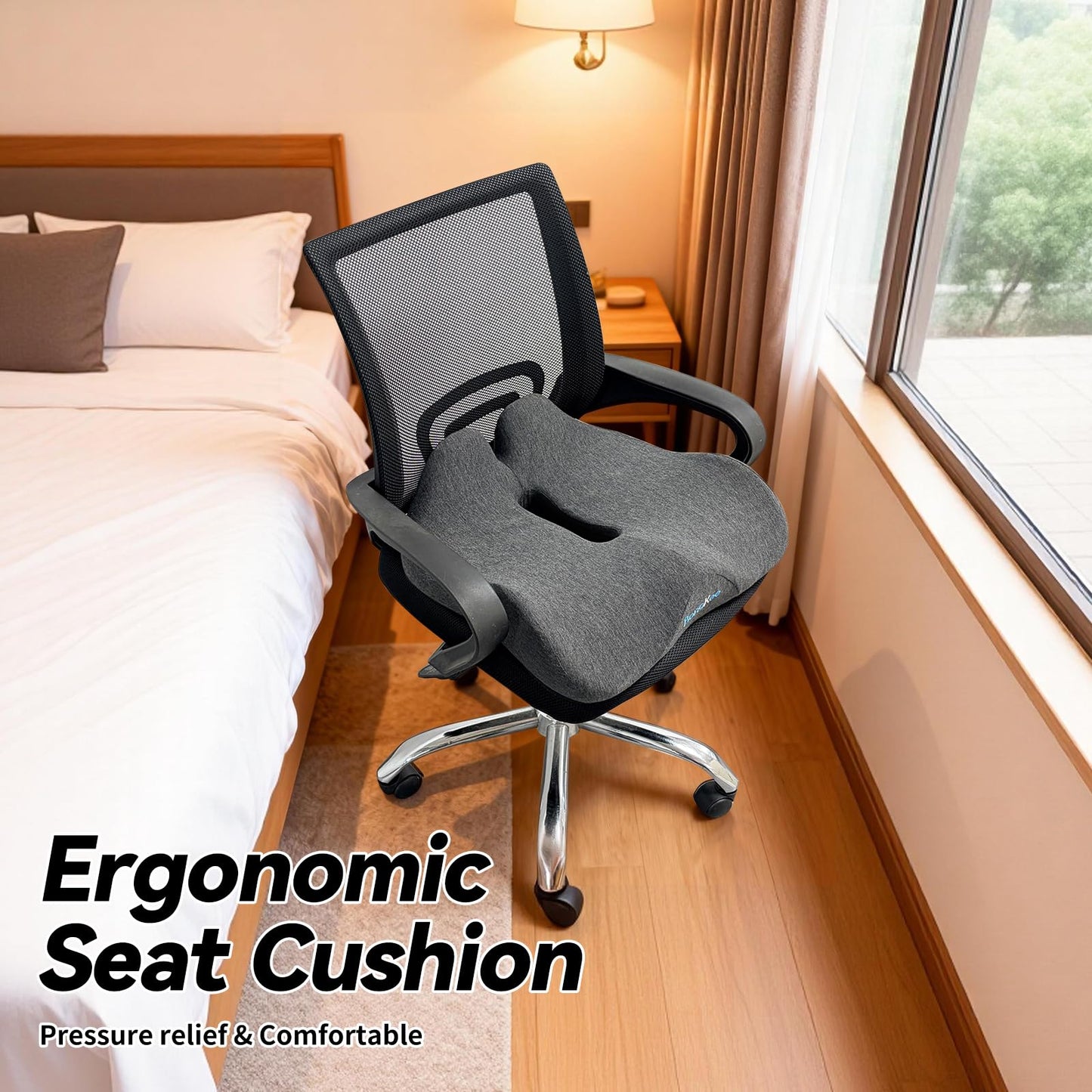 18x16 Inch Black Memory Foam Seat Cushion for Office Chair, Car Seat, Airplane, Bleacher - Sciatica & Hip & Coccyx Pain Relief Desk Chairs Cushions for Long Sitting Peoples