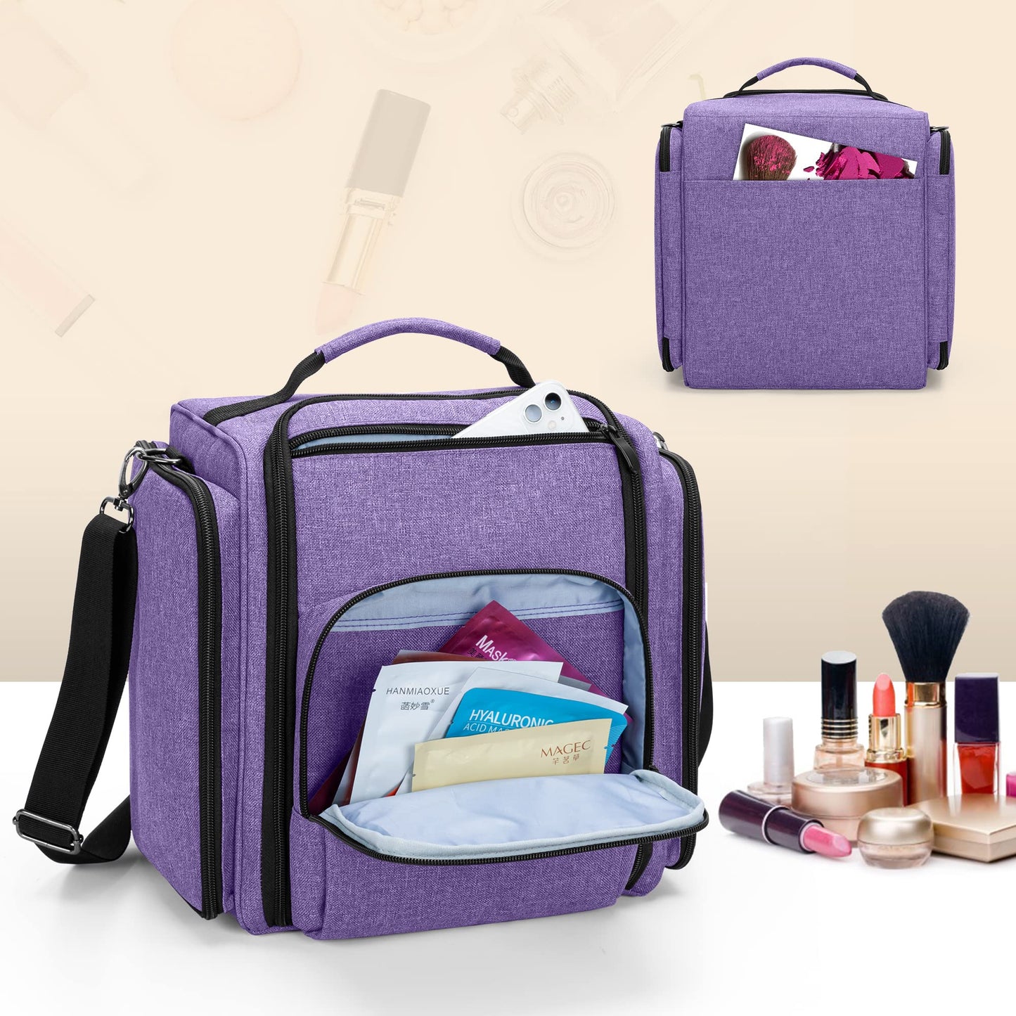 BAFASO Large Makeup Artist Bag Cosmetic Bag with 4 Inner Removable Pouches, Multifunctional Hair Bag to Keep Makeup and Hair Supplies, Purple