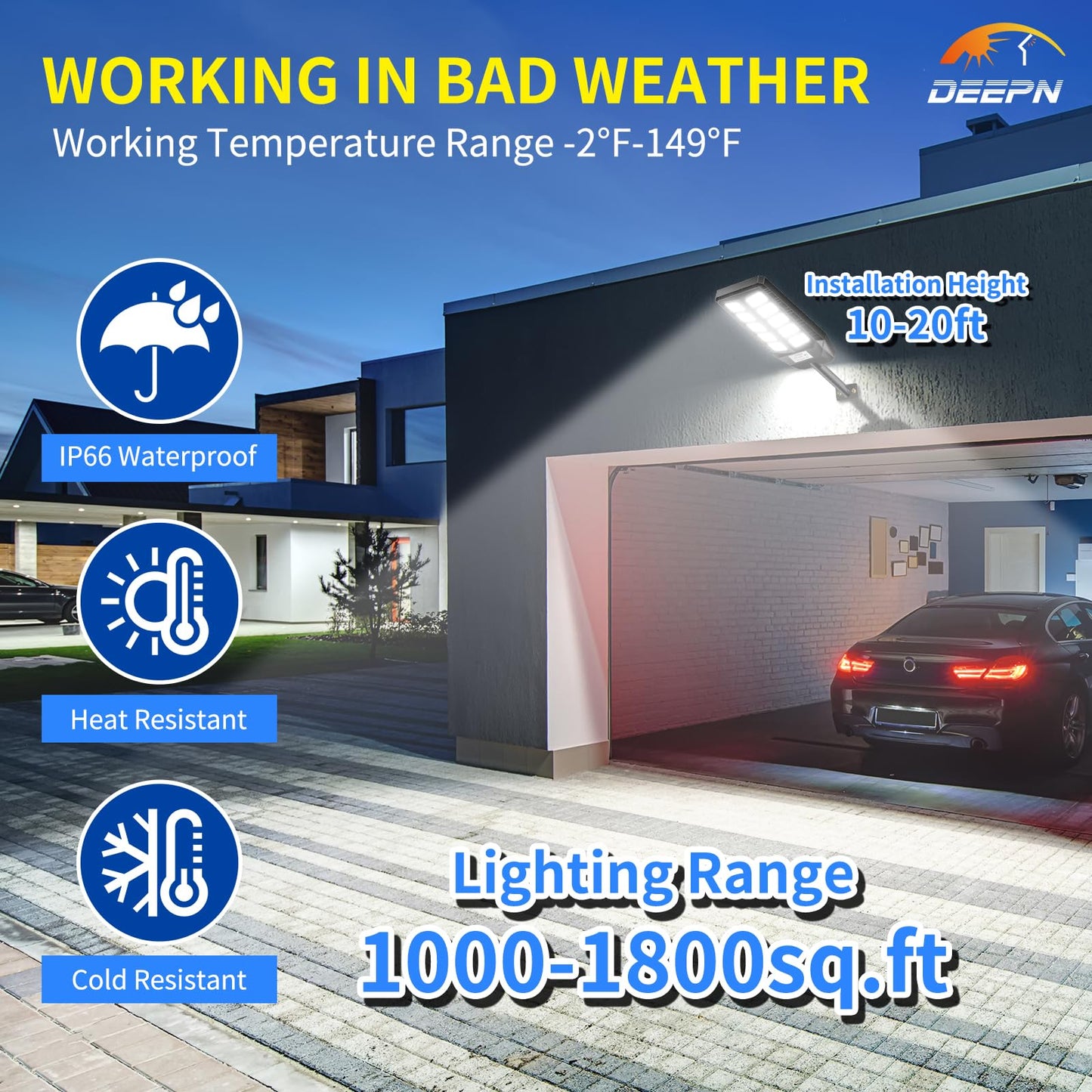 Deepn Solar Lights Outdoor, Waterproof Street Lights Outdoor, 6500K Dusk to Dawn Solar Security Flood Lights Motion Sensor with Remote Control for Yard, Entryway Garage, Porch (1)