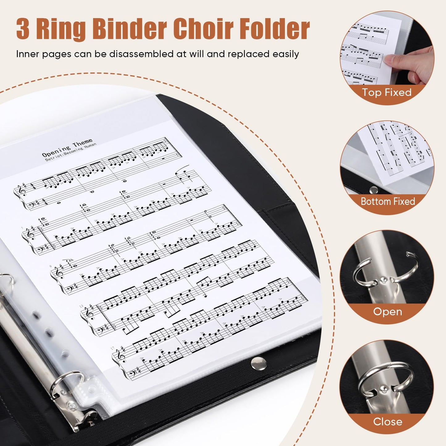 Sheet Music Folders Choir Binder: Piano Music Sheet Holder Storage Fits Letter Size 8.5 x 11 Inch - 3 Ring PU Leather Choral Music Folder with Hand Strap for Guitar, Orchestra, Band (PU Leather)