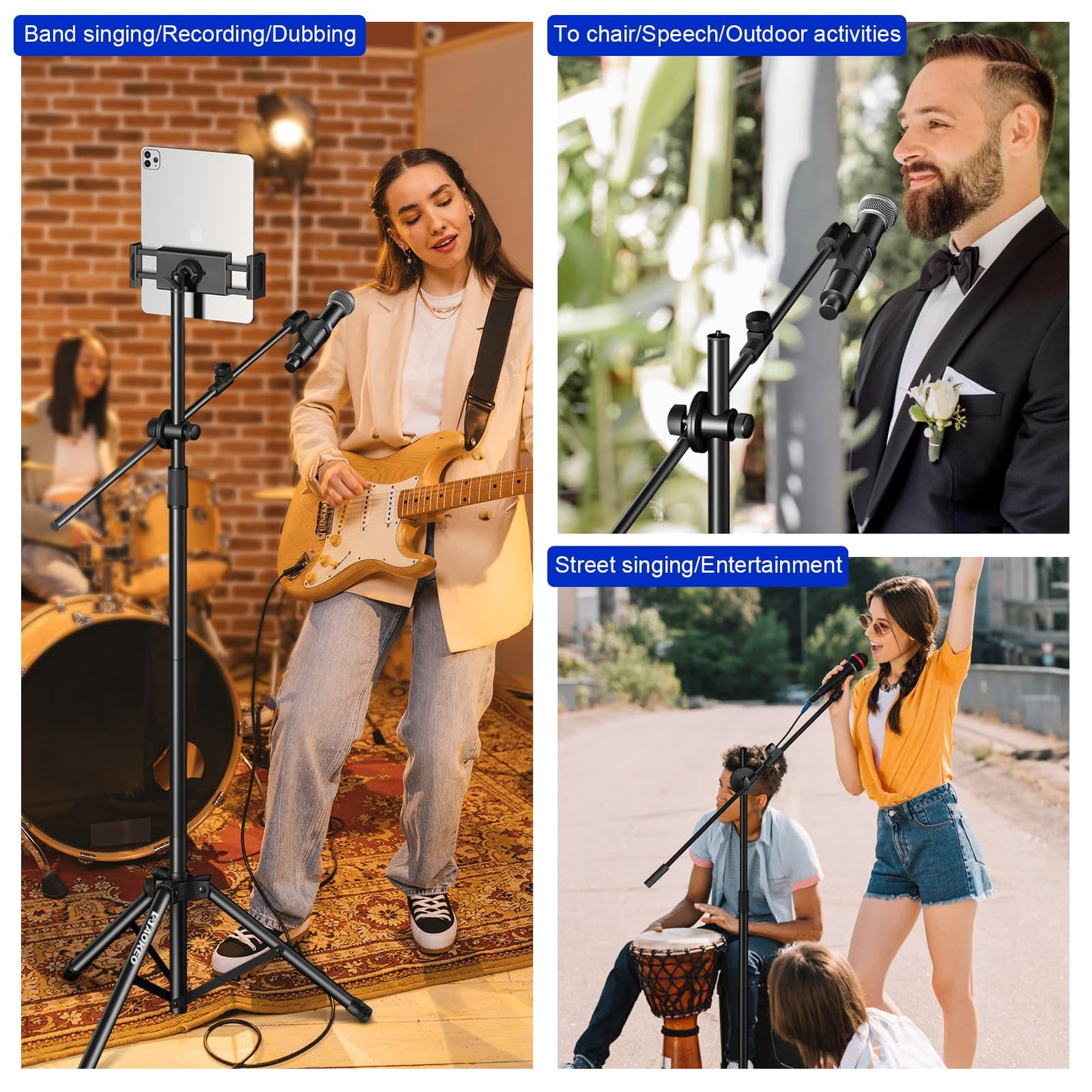 Aokeo Boom Microphone Stand Floor Tripod - Adjustable 42-68 Inch Portable With Tablet Holder and Carrying Bag - Supports Any Microphone Combination