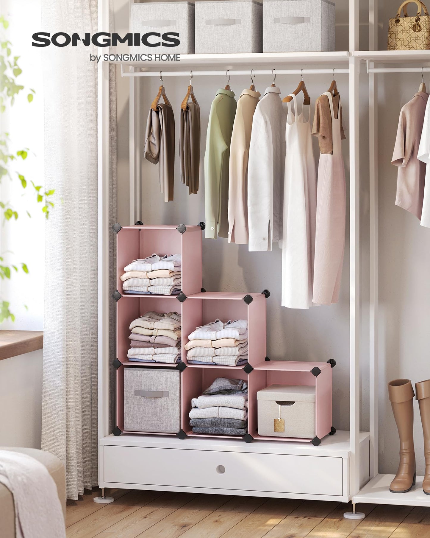 SONGMICS 6 Cube Storage Organizer, DIY Closet Shelf, Plastic Clothes Organizer, Modular Bookcase, 11.8 x 11.8 x 11.8 Inch Cubes, with Feet and Rubber Mallet, Pink ULPC111P01