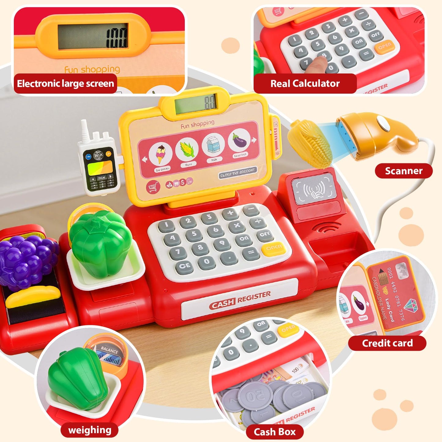 Kids Pretend Play Cash Register Toy Set for Supermarket Shopping, Cosplay Kitchen Toys Educational Learning Toy for Children Boys Girls Birthday (Red)