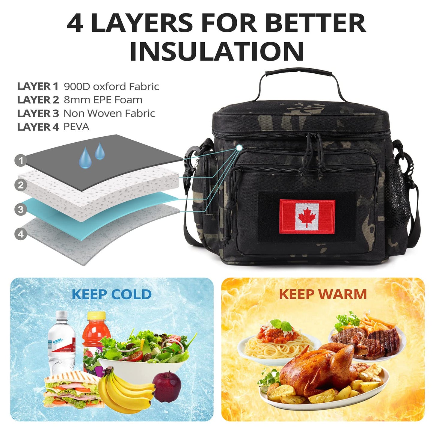 Lunch Box for Men, Tactical Lunch Bag MOLLE Webbing Leakproof Insulated Large Lunch Cooler Women Adult with Adjustable Shoulder Strap Lunch Pail for Work (Camo-Black)