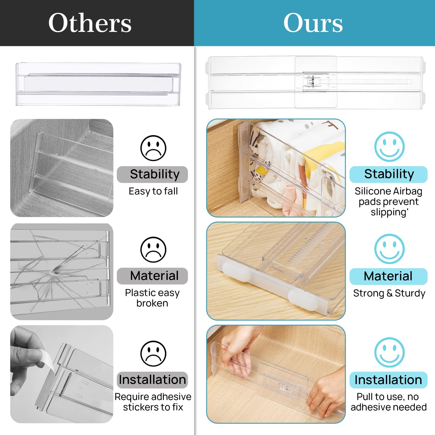 Vtopmart 8 Pack Drawer Dividers for Clothes, Adjustable 4" High Expandable from 10.2"-16.5" Dresser Drawer Organizer, Clear Plastic Dresser Organizer for Baby Clothes, Underwear, Socks