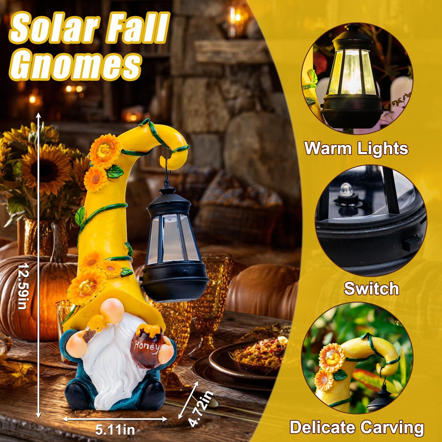twinbling Birthday Gifts for Mom Grandma 12" Solar Fall Gnome Sunflower Garden Statues Honey Bee Jar Decor with LED Lantern Outdoor Summer Gnomes Decorations Patio Yard Balcony Art Gifts for Women