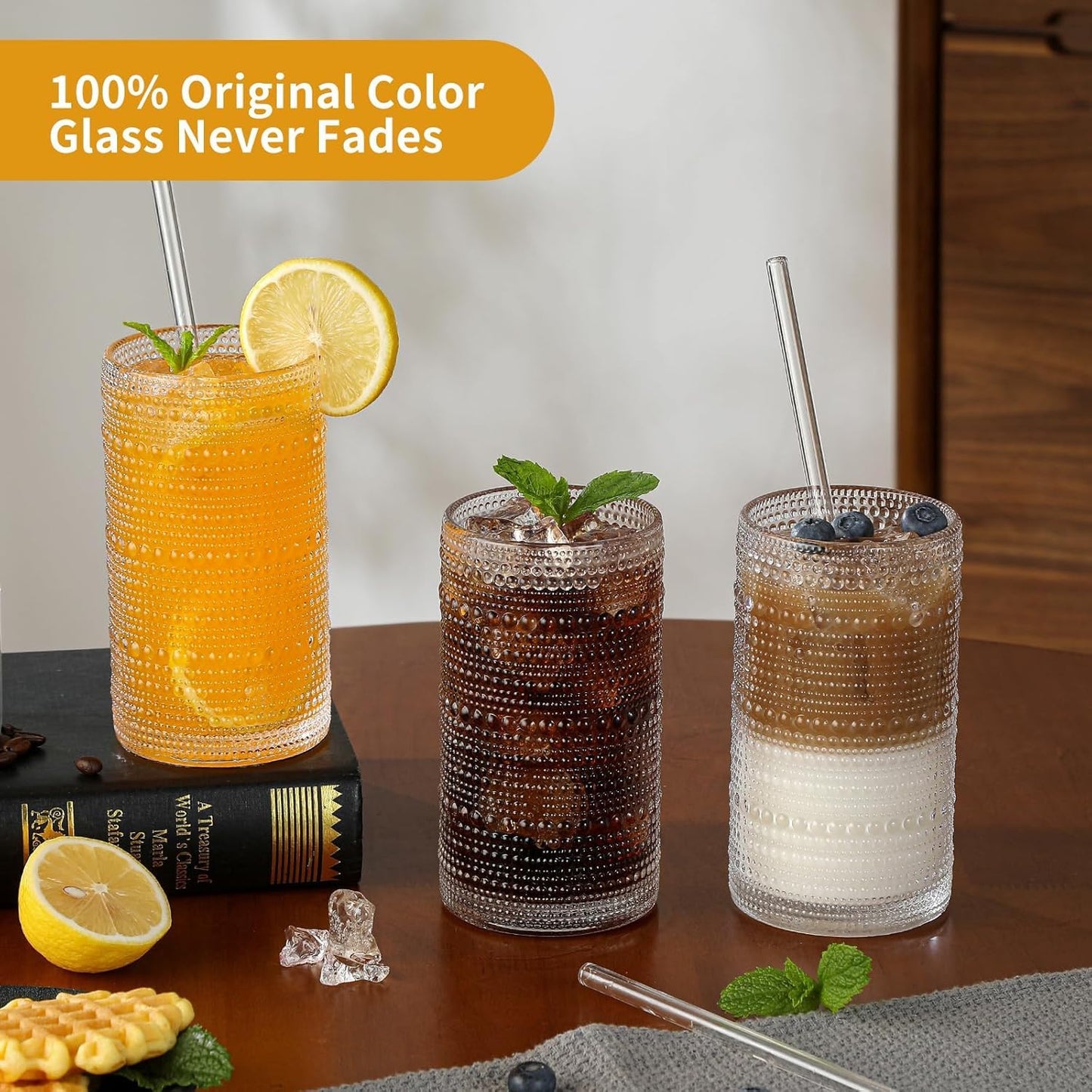 HEFBCOMK Vintage Hobnail Drinking Glasses Set of 6, 16 oz Large Capacity Embossed Clear Tumblers, Highball Glasses for Water, Cocktail, Beer, Whiskey, Juice and Various Mixed Drinks