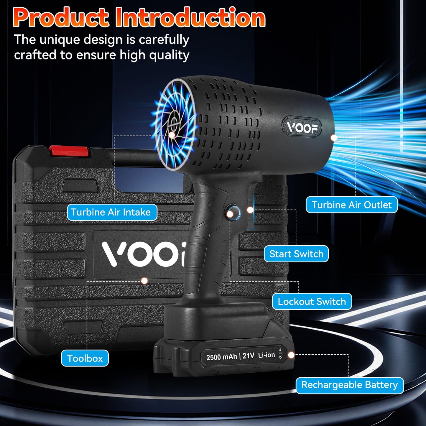 Cordless Leaf Blower, Electric Turbo Jet Blower 250000 RPM, Extended Nozzle, Lightweight Handheld Design, Portable Dust Cleaner for Patio Cleaning, Dust & Debris Cleaning (2 Battery with Toolbox)