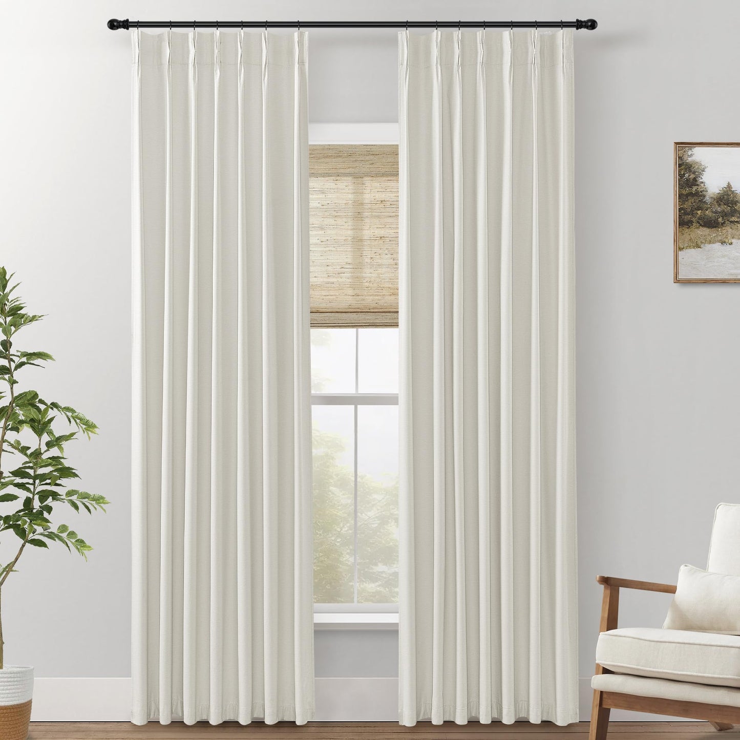 96 Inch Long Pinch Pleated Blackout Curtains for Bedroom,Linen Black Out Dark Rideaux Opaques 2 Panneaux