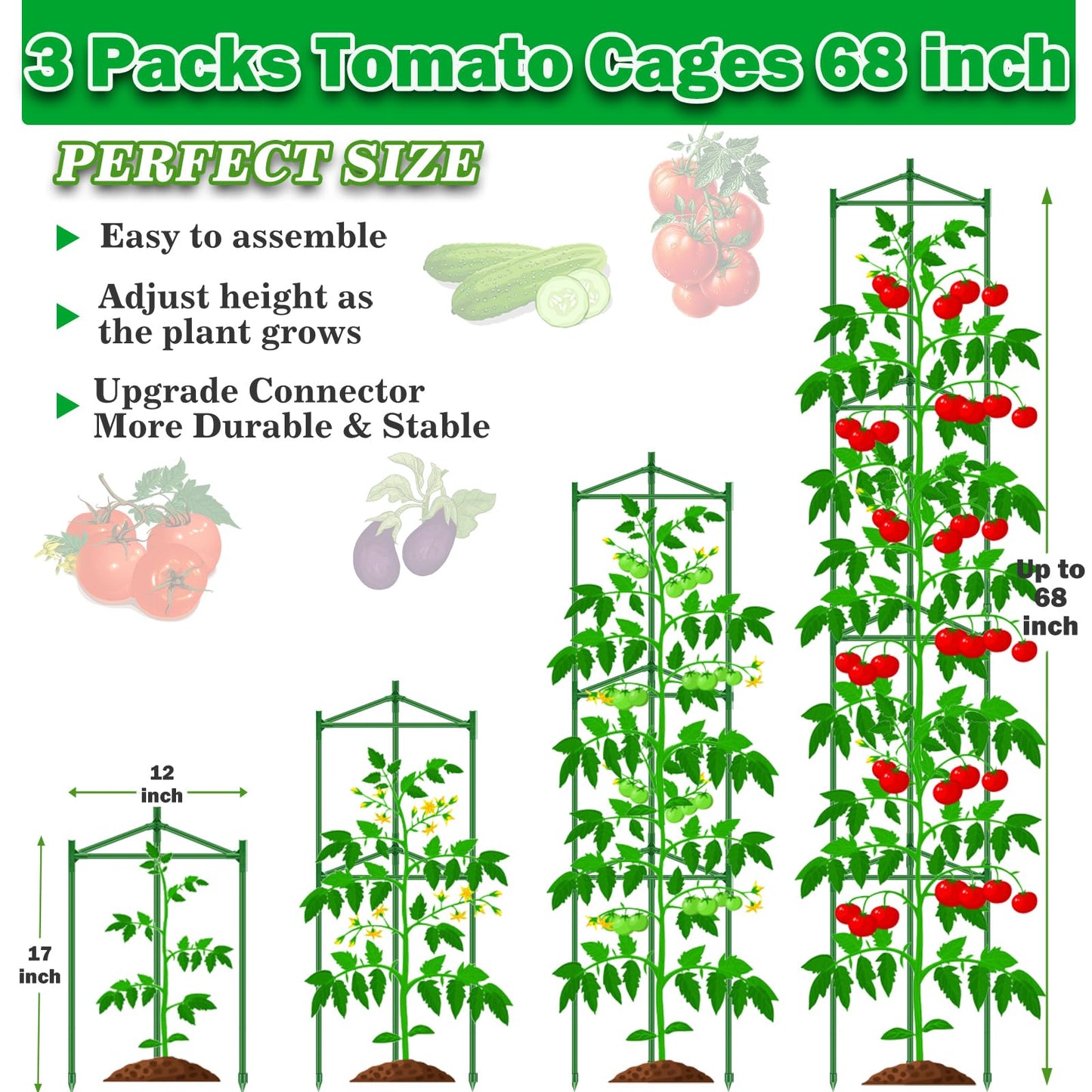 Tomato Cages for Garden 3 Packs - Heavy Duty Steel Tomatoes Cage Tall Up to 68in & 164Ft Twist Tie, Tomato Plant Stakes Support Cages Trellis for Pots Garden Vegetable Climbing Plants Outdoor