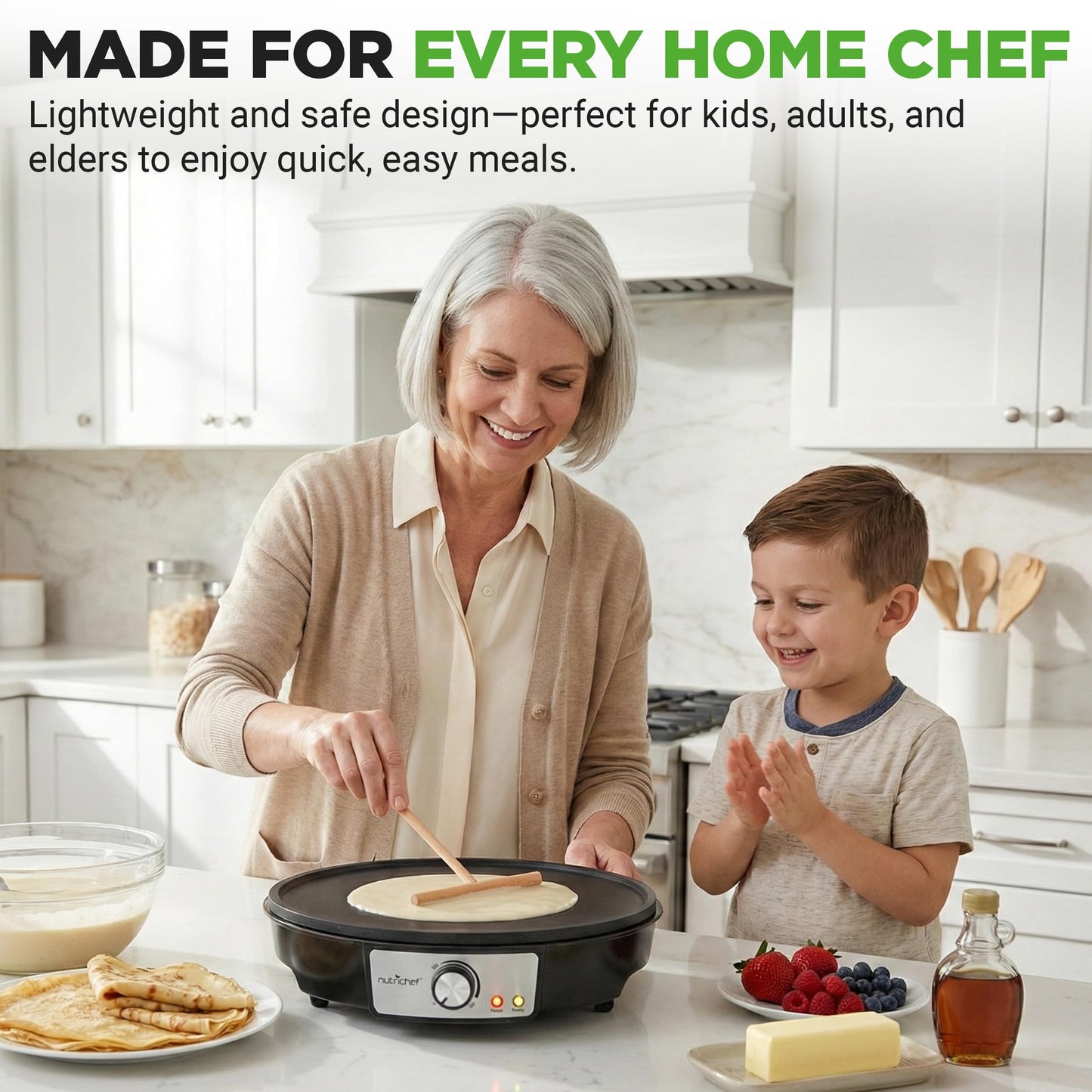 Electric Griddle Crepe Maker Cooktop - Nonstick 12 Inch Aluminum Hot Plate with LED Indicator Lights & Adjustable Temperature Control - Wooden Spatula & Batter Spreader Included