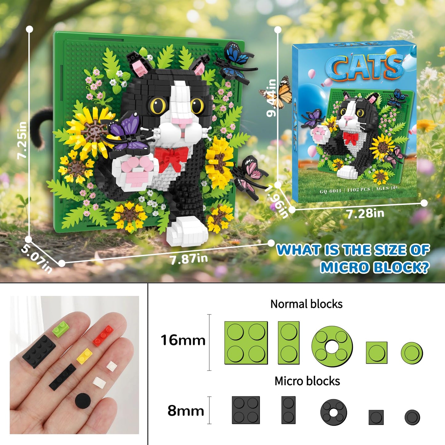 Flowers Tuxedo Cat Animal 3D Wall Art Micro Mini Building Blocks Set, Unique Home Wall Decor or Table Display, No Compatible with Lego, Ideal Gift Toy for Adults & Boys Girls 14+ (1402 PCS)