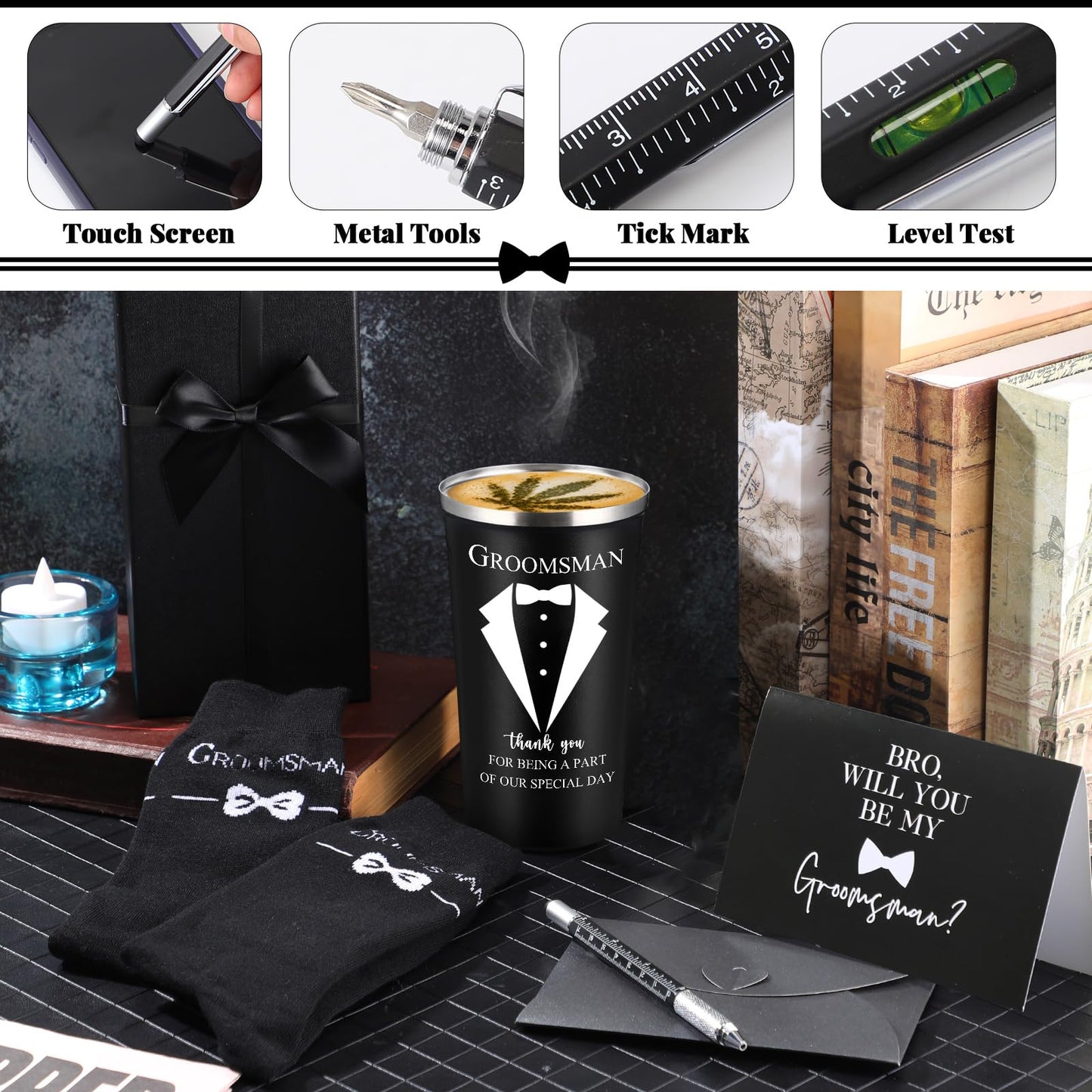 Nuanchu 6 Pcs Groomsmen Officiant Gifts Wedding Proposal Gift for Best Man Groomsman 17 Oz Coffee Cup Tumbler Socks Multi Tool Ballpoint Pen with Greeting Card Envelope(Black)