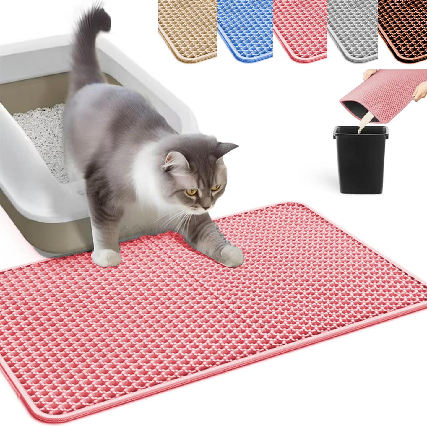 HCY&WLD Cat Litter Mat, Honeycomb Double Layer Cat Litter Trapping Mat, Waterproof Urine Proof Non-Slip, Scatter Control, Less Waste, Easier to Clean (Pink, 45" X 26")