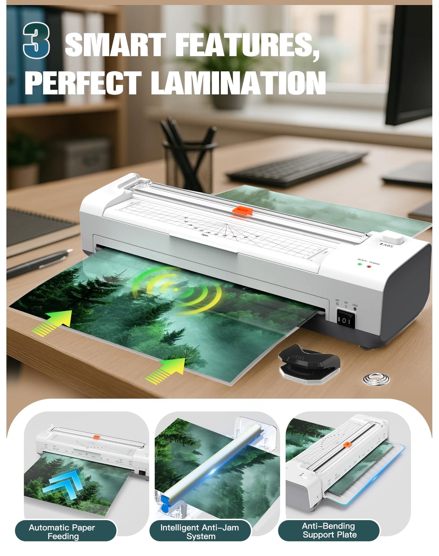 13 Inch Laminator Machine with Auto Paper Feed, Never Jam A3 Thermal & Cold Lamination, 20 Laminating Sheets, 10-in-1 Laminator with Cutter, Trimmer & Corner Rounder for Office School Home Use（White）