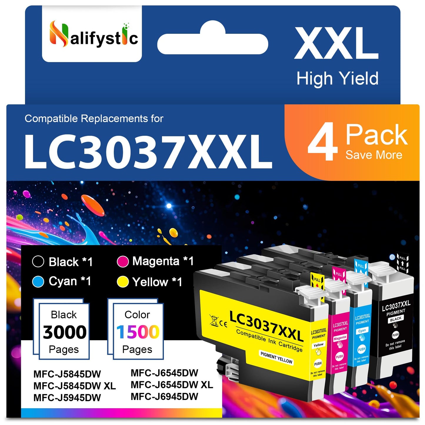 LC3037XXL Ink Catrtidges Replacement for LC3037XXL LC3039XXL Ink Compatible for Brother MFC-J5845DW MFC-J5845DWXL MFC-J5945DW MFC-J6545DW MFC-J6545DWXL MFC-J6945DW Printers (BK/C/M/Y)