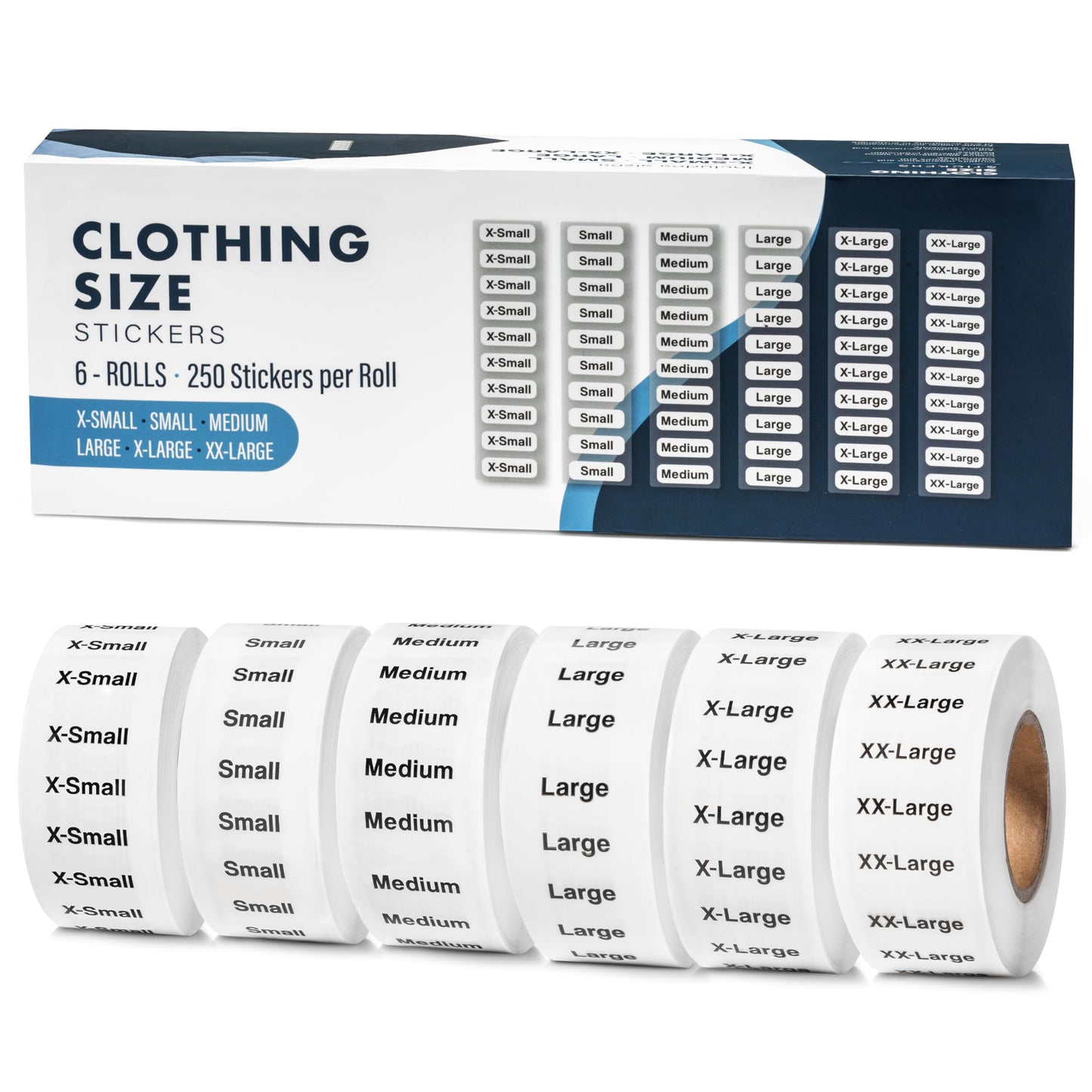 1500pcs Clothing Size Strip Labels Box Set, 1.25" x 5", 6 Rolls (XS, S, M, L, XL, XXL), 250/Roll, Clear Size Sticker Labels for Shirts, Pants, Accessories, Retail Clothing