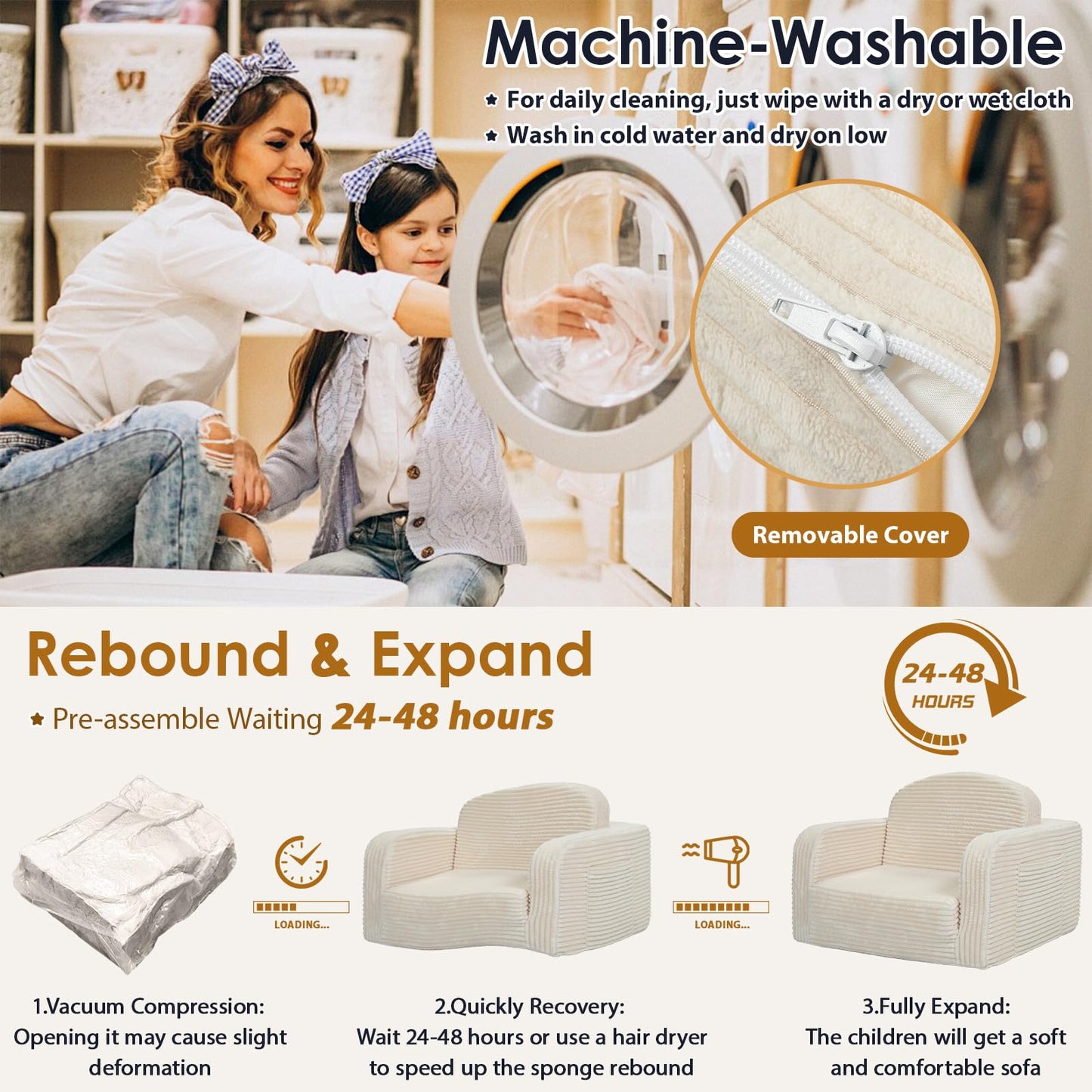 2 in 1 Convertible Kids Couch - Corduroy Fold Out Kids Sofa Chair with Blanket, Comfy Comfortable Toddler Chair, Machine-Washable Cover, for Boys Girls, Medium Beige