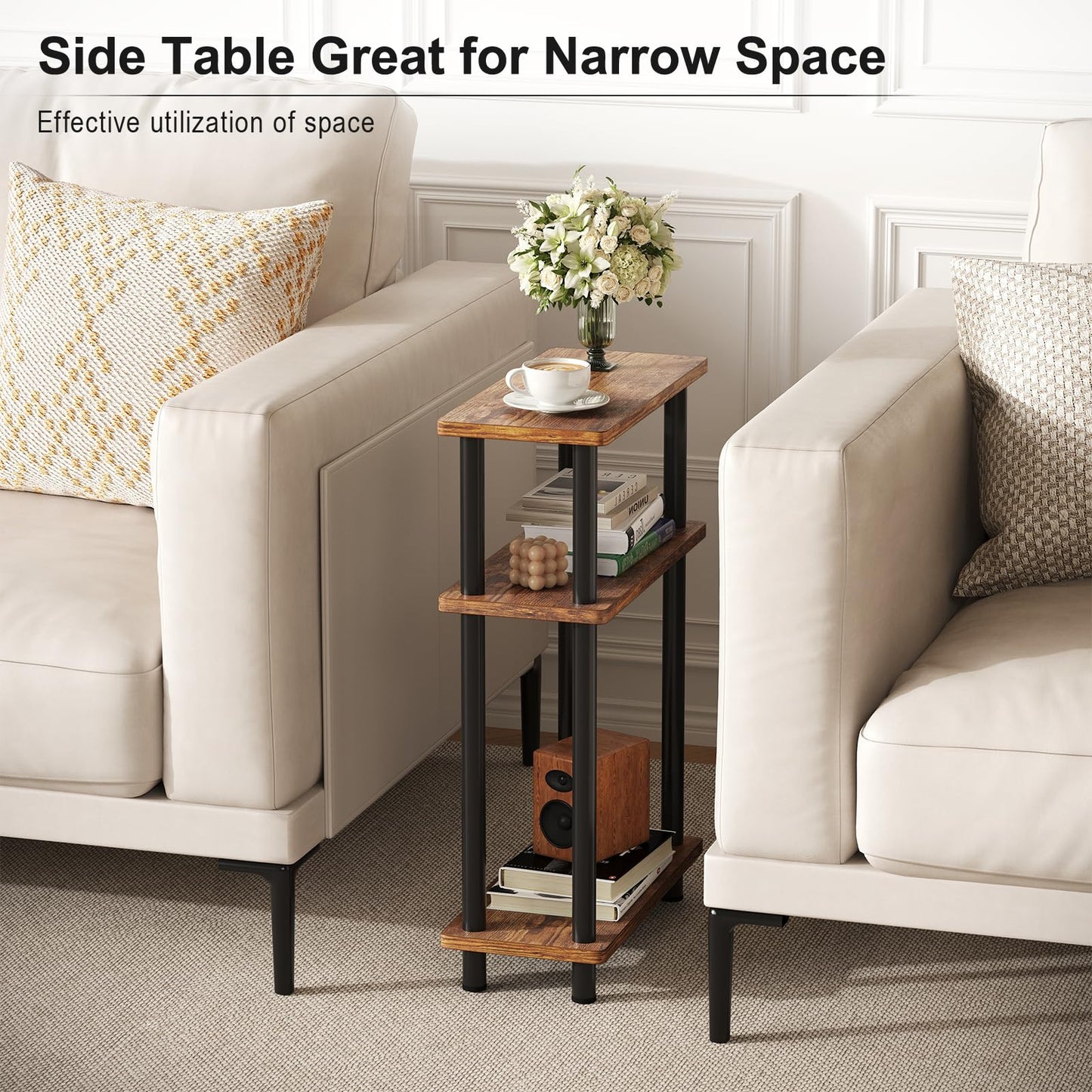 Apicizon Small Narrow Side Table, 3-Tier Skinny End Table for Small Spaces, Slim Nightstand with Storage Shelf, Bedside Table for Living Room, Bedroom, Rustic Brown and Black