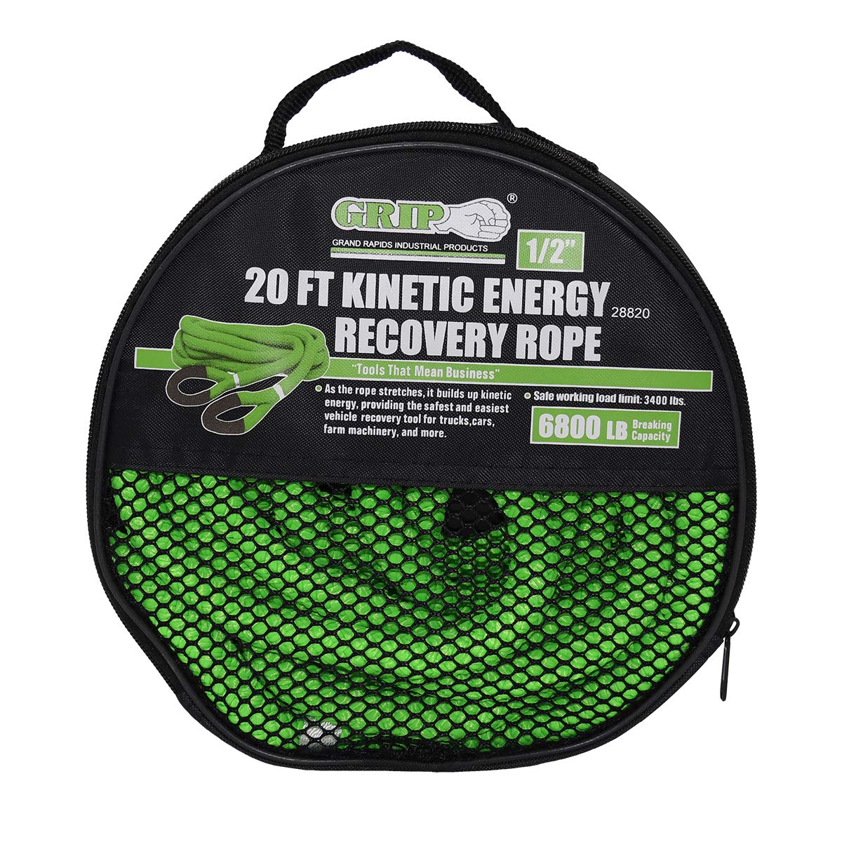 Grip 20' x 1/2" Kinetic Energy Recovery Rope for Off Roading Lime Large