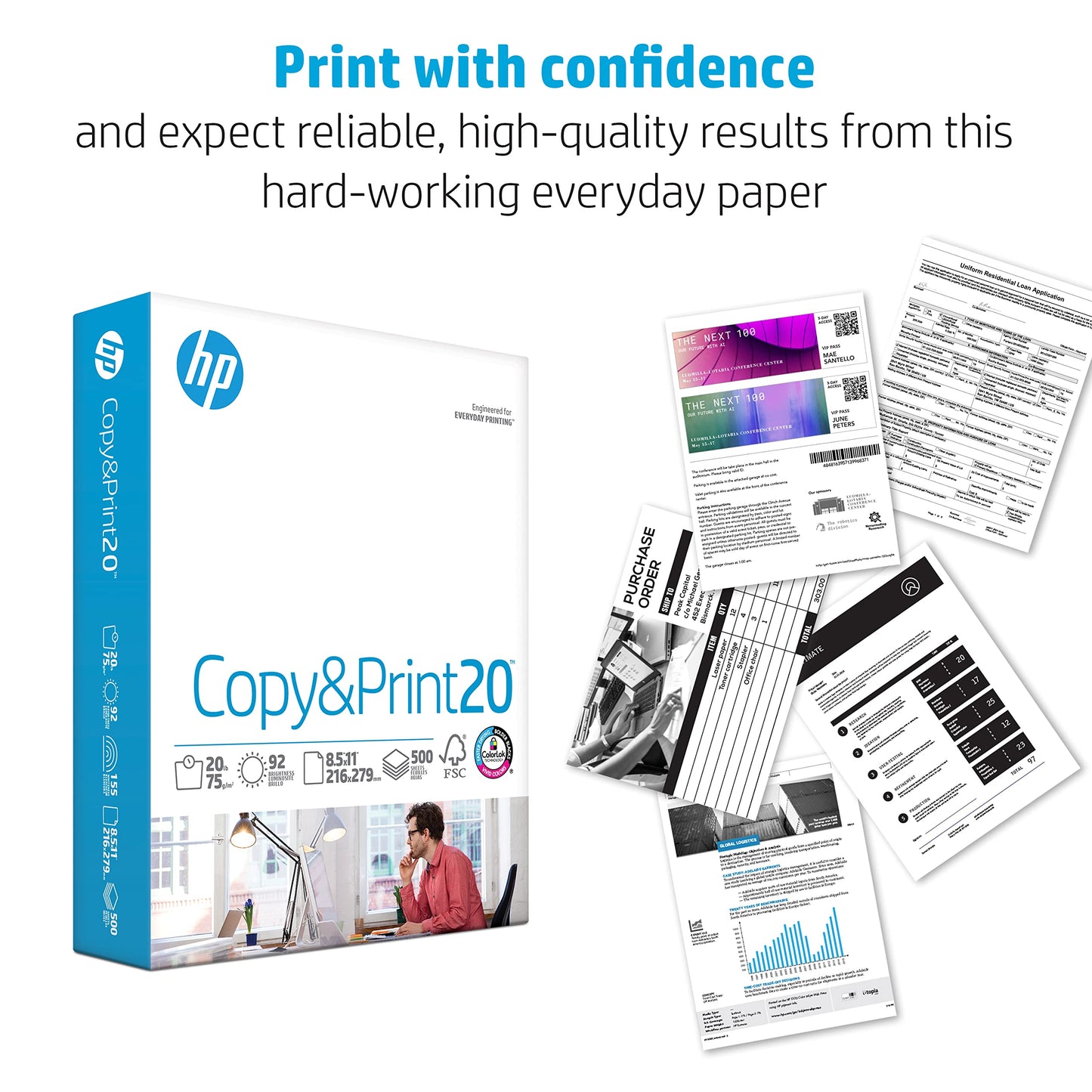 HP Printer Paper 8.5x11 Copy&Print 20 lb 6 Pack Case 2400 Sheets 92 Bright Made in USA FSC Certified Copy Paper HP Compatible 200010C