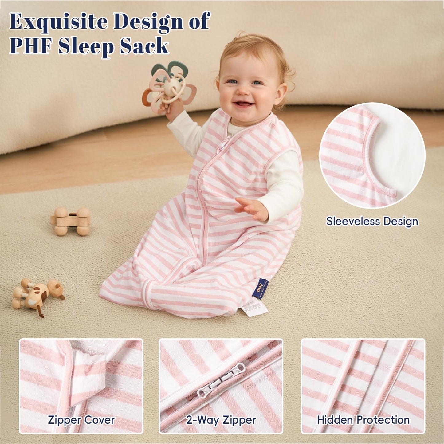 PHF Soft Baby Sleep Sack 6-12 Months 100% Cotton Wearable Blanket, 2-Way Zipper 0.5 TOG Toddler Sleeping Sack 3 Pack, Comfy Sleep Bag for Baby Girls, Pink Floral (Medium)