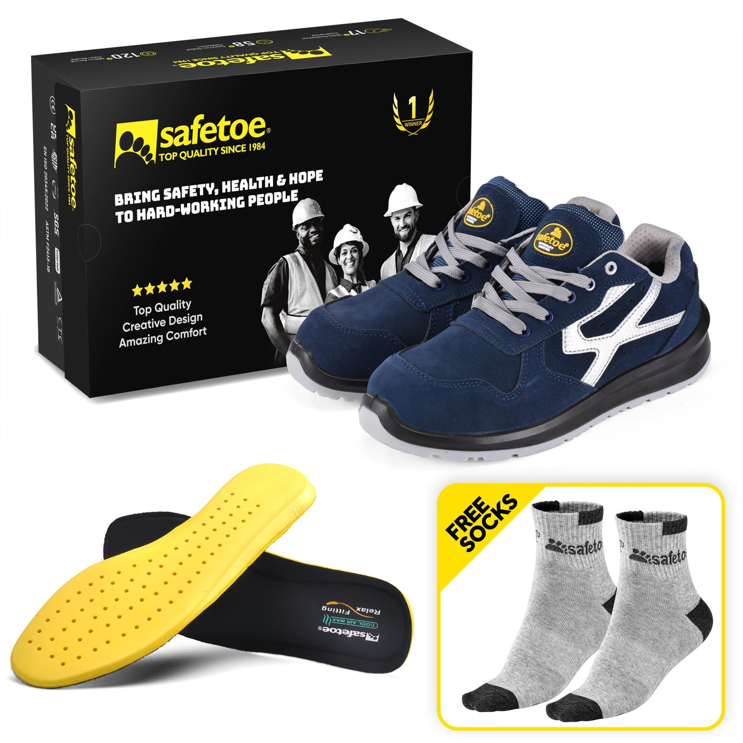 SAFETOE Safety Shoes for Men Composite Toe Work Shoes Lightweight Cow Leather Puncture Proof Slip On Work Boots Wide Fit