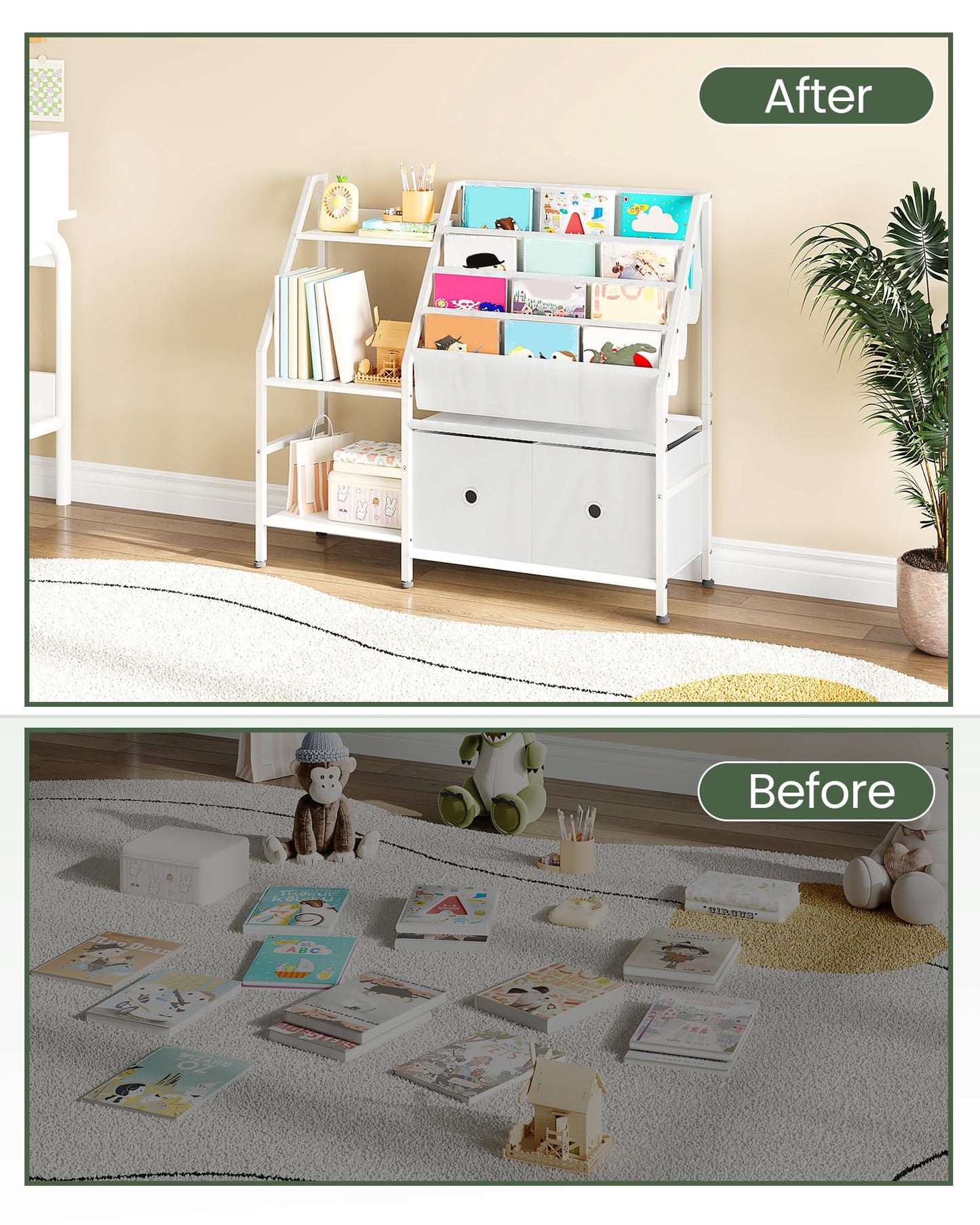 CHOEZON Kids Bookshelf and Toy Storage, 4-Tier Sling Bookshelf for Kids, Kid Book Shelf with 3-Tier Storage Shelf and 2 Drawers, Toddler Bookshelf for Kids Room, Nursery, Classroom, White TCW10WB