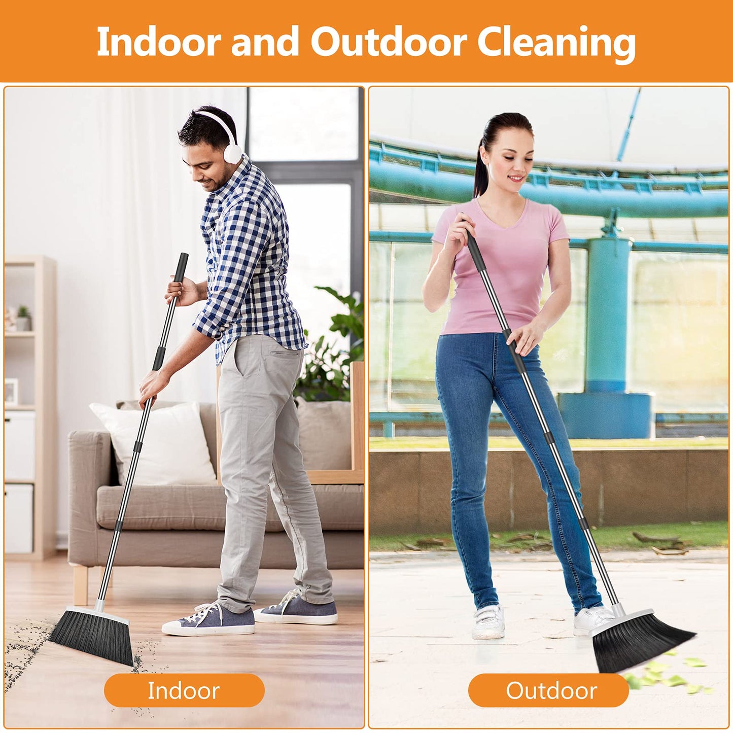 Folews Broom and Dustpan Set, Dust Pan and Broom with Long Handle Heavy Duty Broom Dustpan Combo for Home Kitchen Office Indoor Outdoor Sweeping 51 Inch Broom for Floor Cleaning
