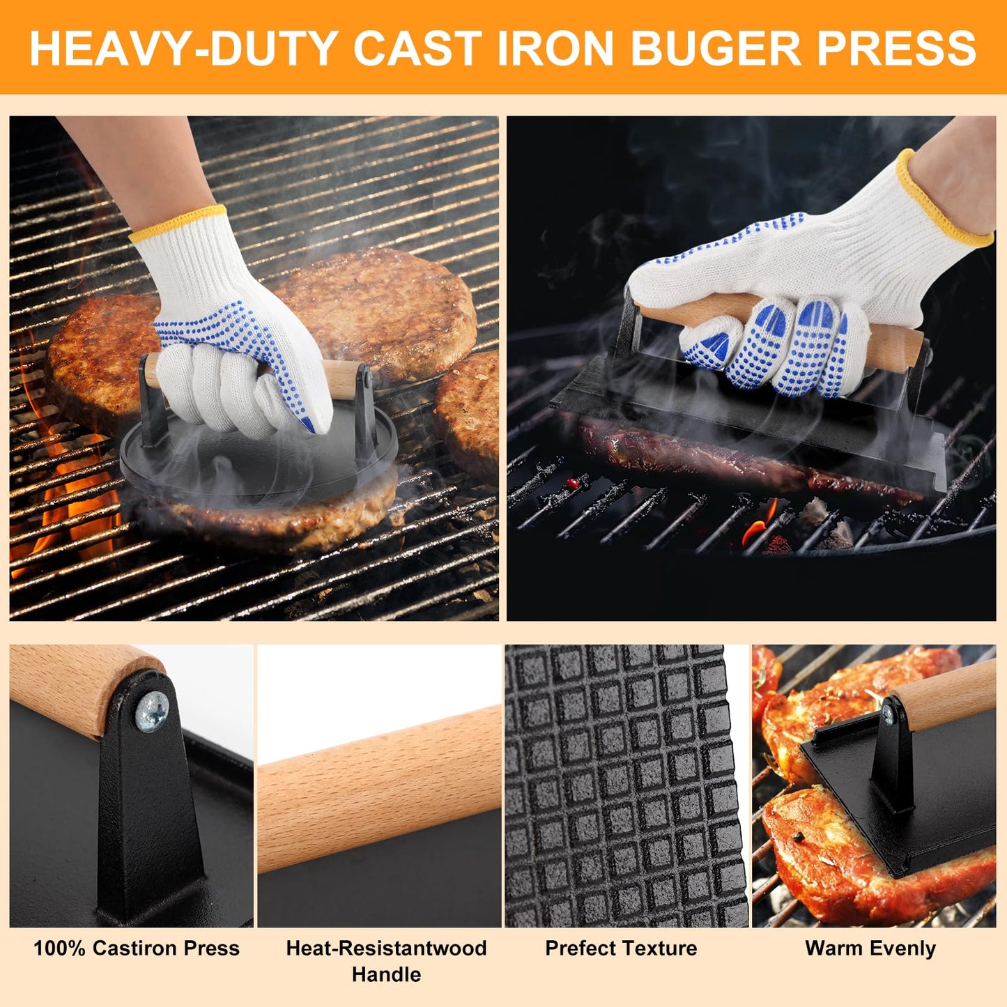 9PCS Smash Burger Press Kit - Burger Mold,50 Patty Papers,2PCS Cast Iron Burger Presses,Sauce Brushes,Grill Spatula,Spice Shaker,Egg Rings,Gloves - Non Stick Burger Press Set for Grill and Griddle