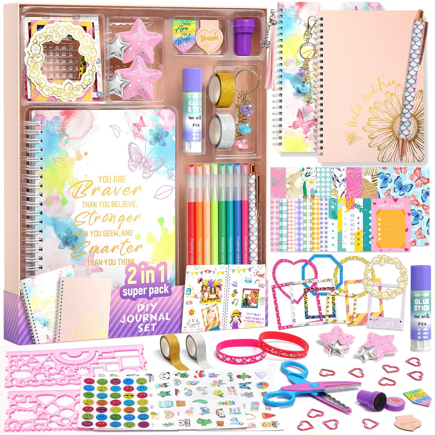 2 Pack DIY Journal Kit, 73pcs Journal Set for Teen Girls, Stationery Set, Scrapbook & Diary Supplies Set, Ideal Gifts for 8 9 10 11 12 13 14 Year Old Girl
