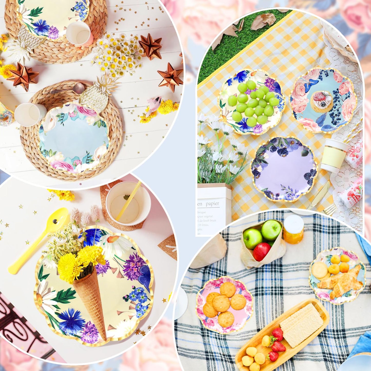 Benvo Floral Plates Disposable 60 Pack Paper Plates 9 Inch Dessert Plates Flower for Tea Party Garden Party Baby Shower Bridal Shower Birthday Wedding Decorations(6 Styles)