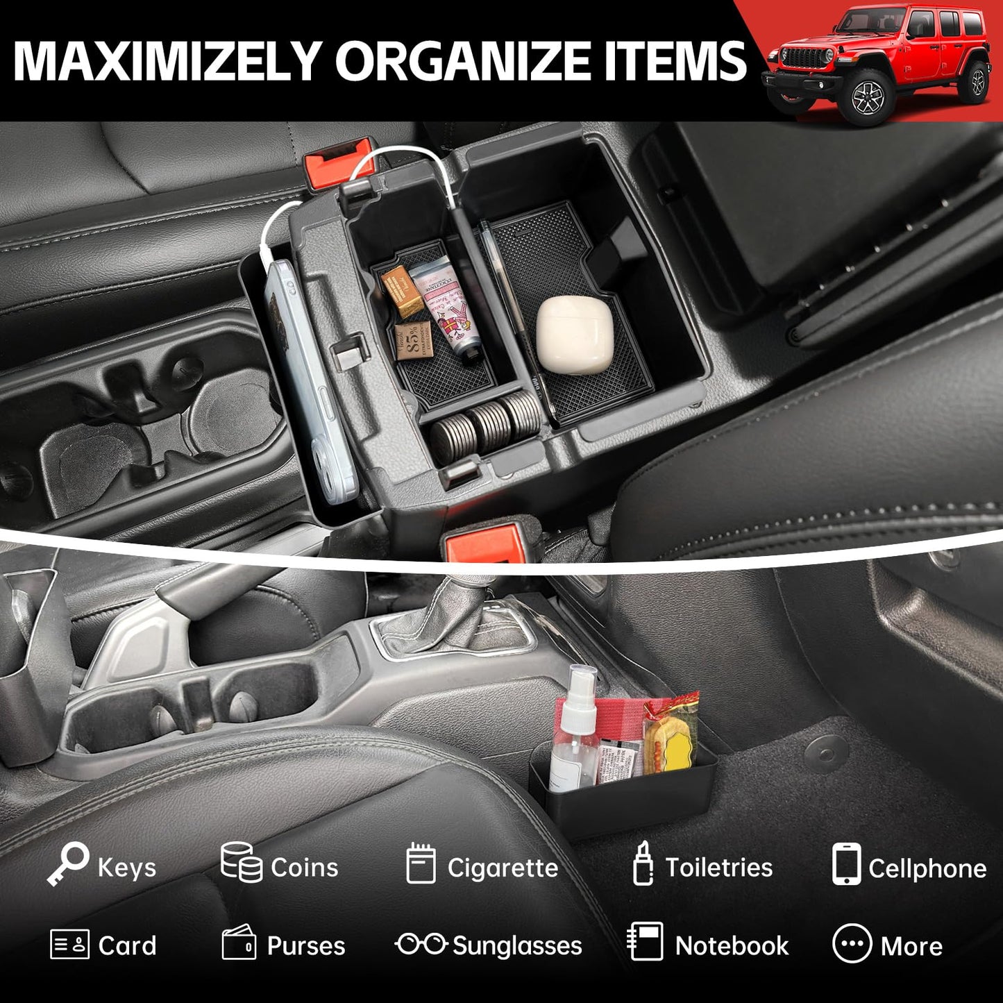 Utiiy Center Console Organizer for 2024 2025 Jeep Wrangler JL JLU 4XE/Gladiator JT Gear Shift Console Side Tray GrabTray Passenger Hanging Armrest Storage Box for Wrangler&Gladiator(24+ 4-piece)