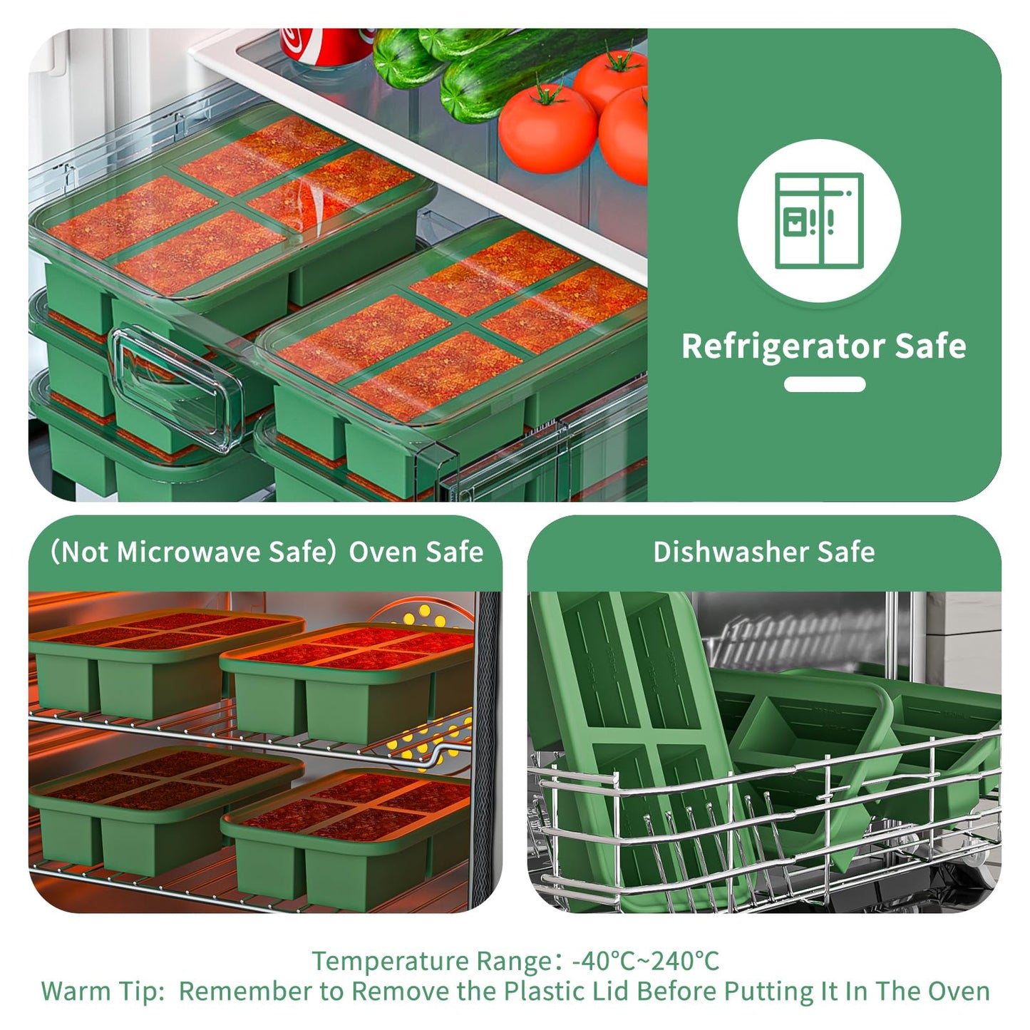 Bongpuda 4 Cup Silicone Freezer Trays with Lid, 2 Pack Silicone Soup Freezer Containers,Make 4 Broths,Sauces and Leftovers（Green）