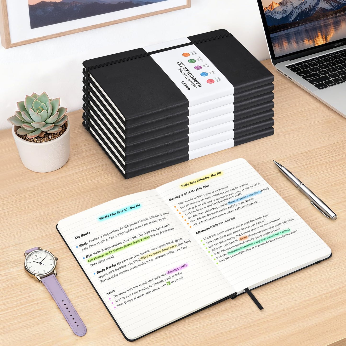 OMEYA 12 Pack A5 Black Lined Journal Notebooks for Work, 100gsm Thick Paper, 5.7"x 8.3", College Ruled Notebooks Bulk, Leather Journal for Writing, Hardcover Notebooks for School, Office