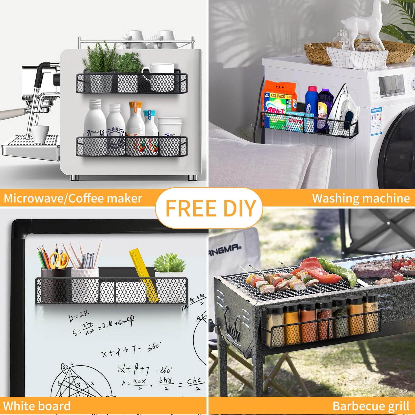 DTUQYX Magnetic Spice Rack for Refrigerator, 6 Pack Metal Magnetic Shelf Black, Moveable Spice Organizer, Strong Magnetic Storage Fridge Organizer with Paper Towel Holder, Utensils Holder