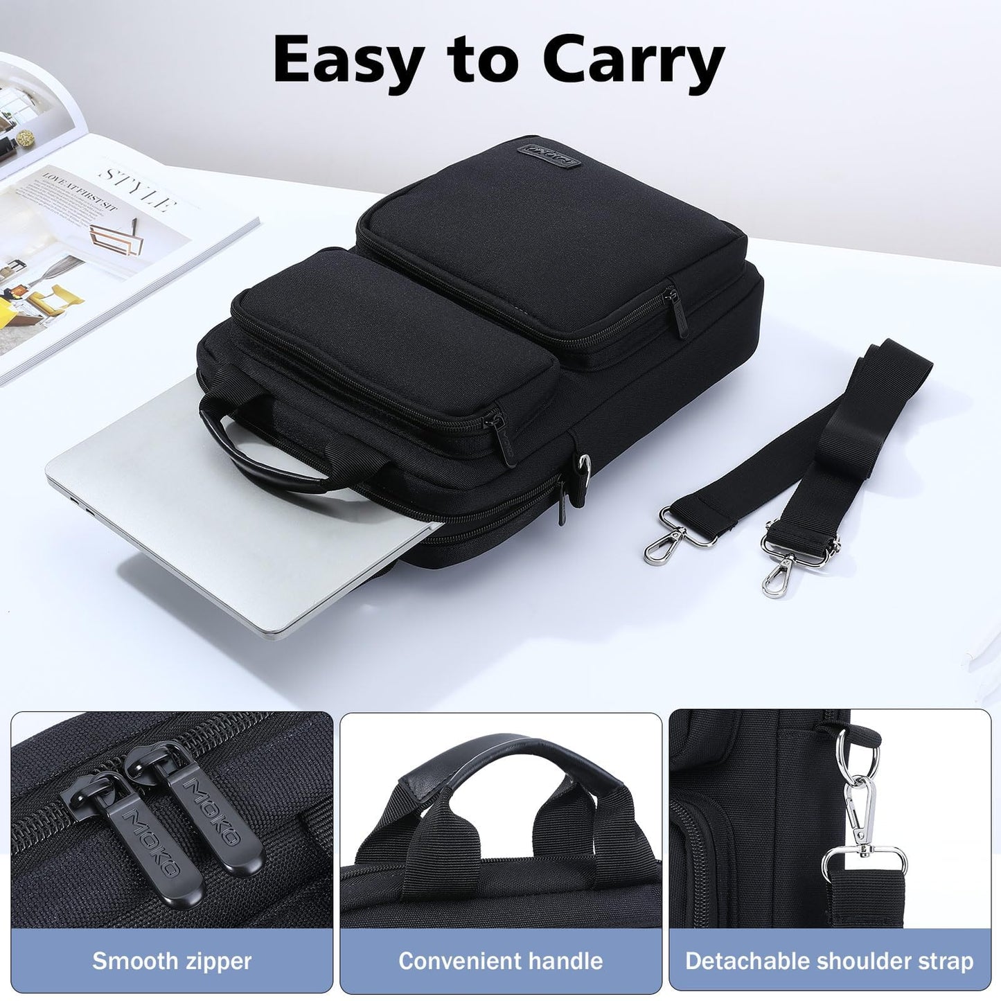 MoKo 13.3-14 inch Laptop Sleeve Bag for New 13-inch Mac Air/Pro M4, 14" Mac Pro M3/M2/M1, 13" MacAir M3/M2/M1, Carrying Case with Multi-Pockets & Removable Shoulder Strap, Black