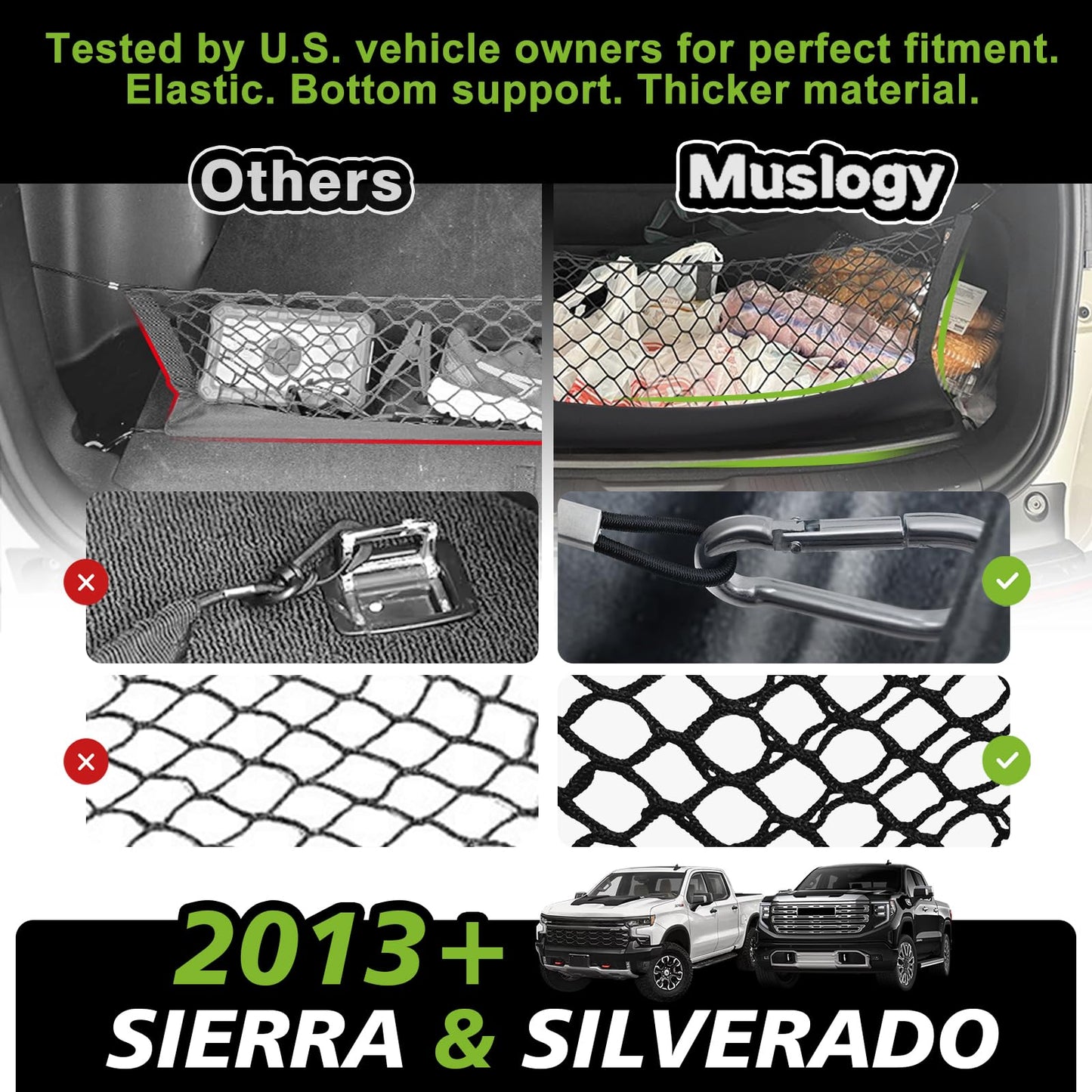 Muslogy Truck Bed Cargo Net Compatible with Chevy Silverado & GMC Sierra 2019-2025 Accessories Storage Organizer Pickup Truck Bed Envelope Style Cargo Net with Heavy Duty Carabiners