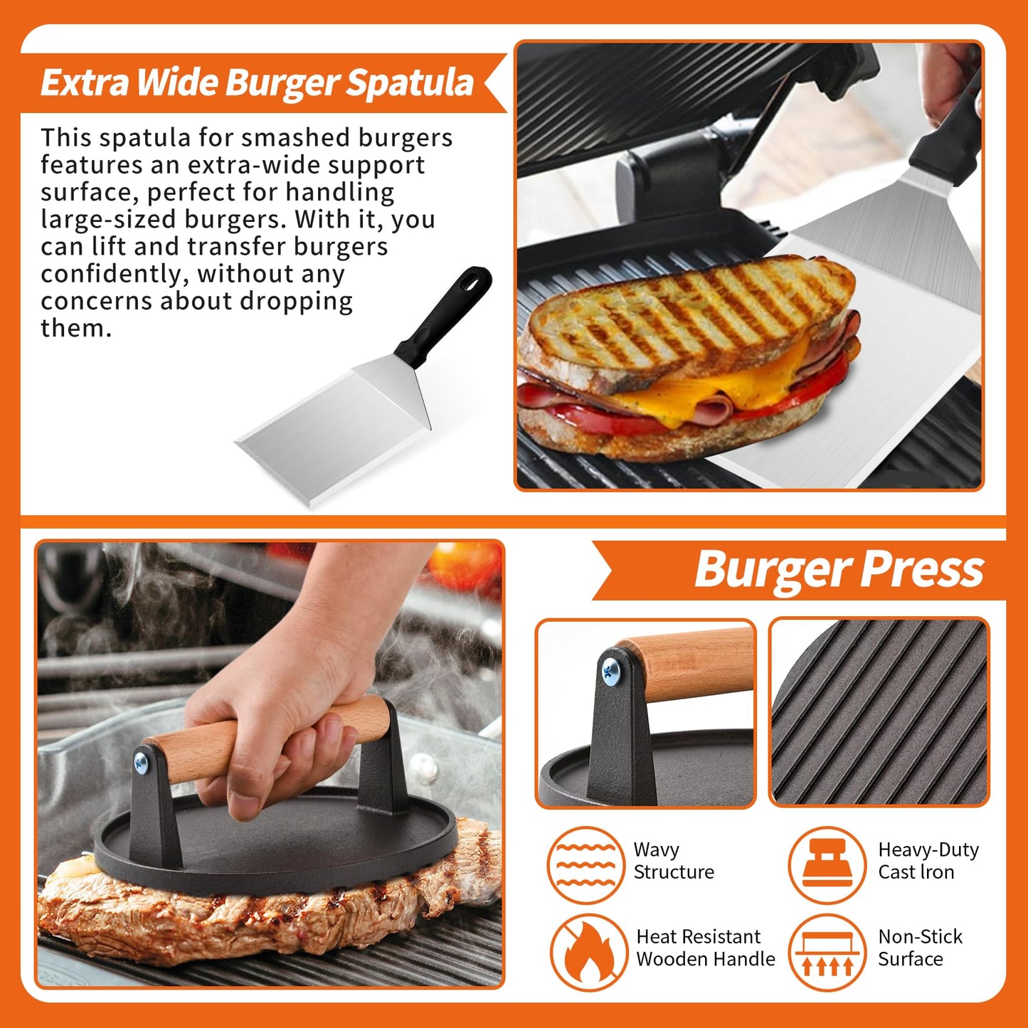 Bbcuepro 28 PCS Griddle Accessories Kit - Stainless Steel Flat Top Grill BBQ Spatula Set with Extra Large Spatula and Burger Press for Outdoor Barbecue Camping Cooking