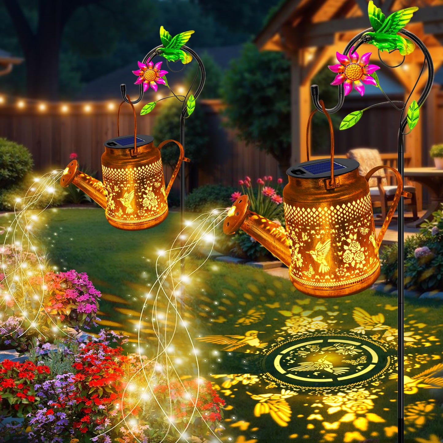 2 Pack Solar Lanterns Outdoor Waterproof,Hummingbird Watering Can Garden Decor,Hanging Solar Path Lights Yard Art,Outside Patio Decorations Gardening Birthday Gifts for Mom Grandma Women (Warm White)