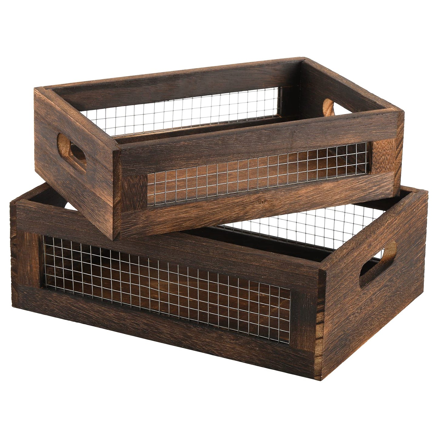 Dicunoy Set of 2 Rustic Nesting Boxes, Wooden Organizer Crates Basket, Small Decorative Wood Wire Containers with Handle, Kitchen Counter Organizers for Fruit, Veggies, Onion, Bathroom, Pantry Storage