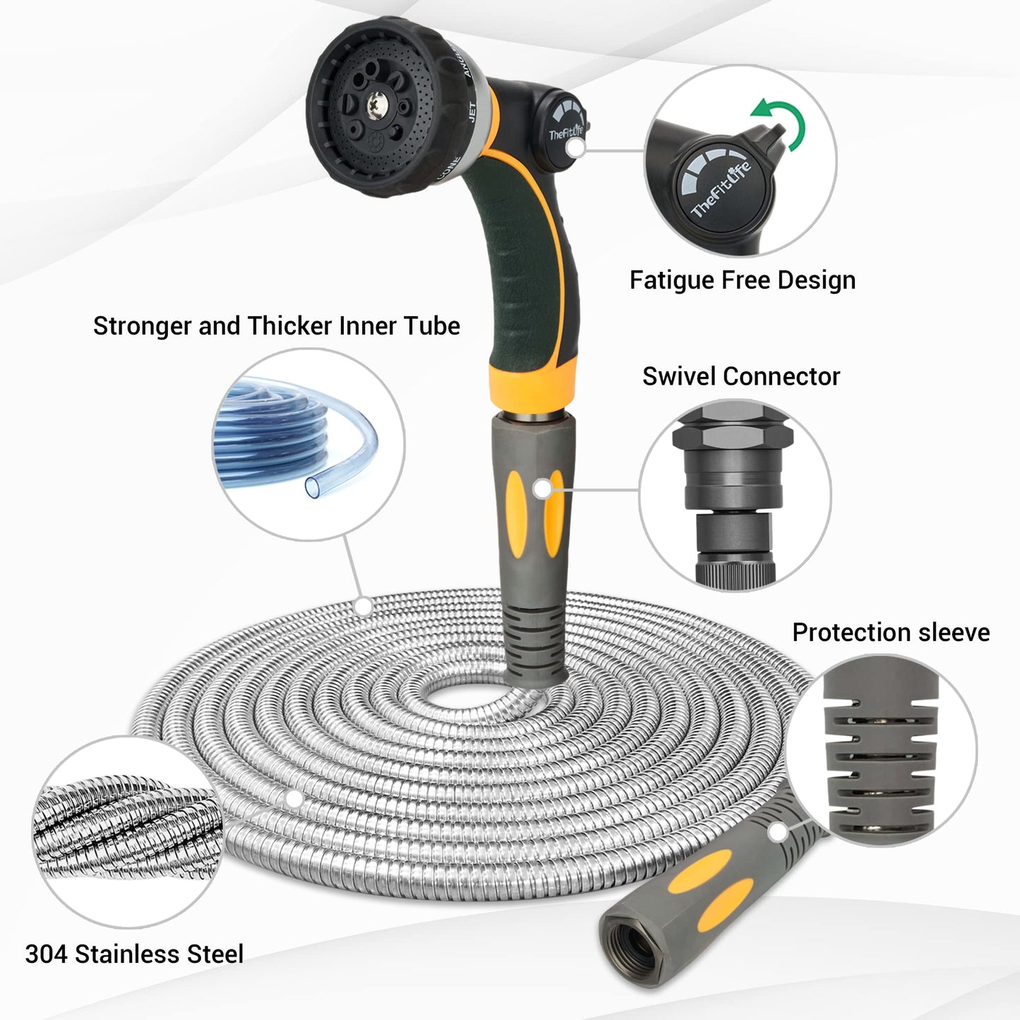 TheFitLife Flexible Metal Garden Hose - Lightweight Stainless Steel Water Hose with Solid Fittings and Sprayer Nozzle - Leak Proof Kink Free, Anti-rust, Large Diameter, Durable and Easy Storage (25FT)