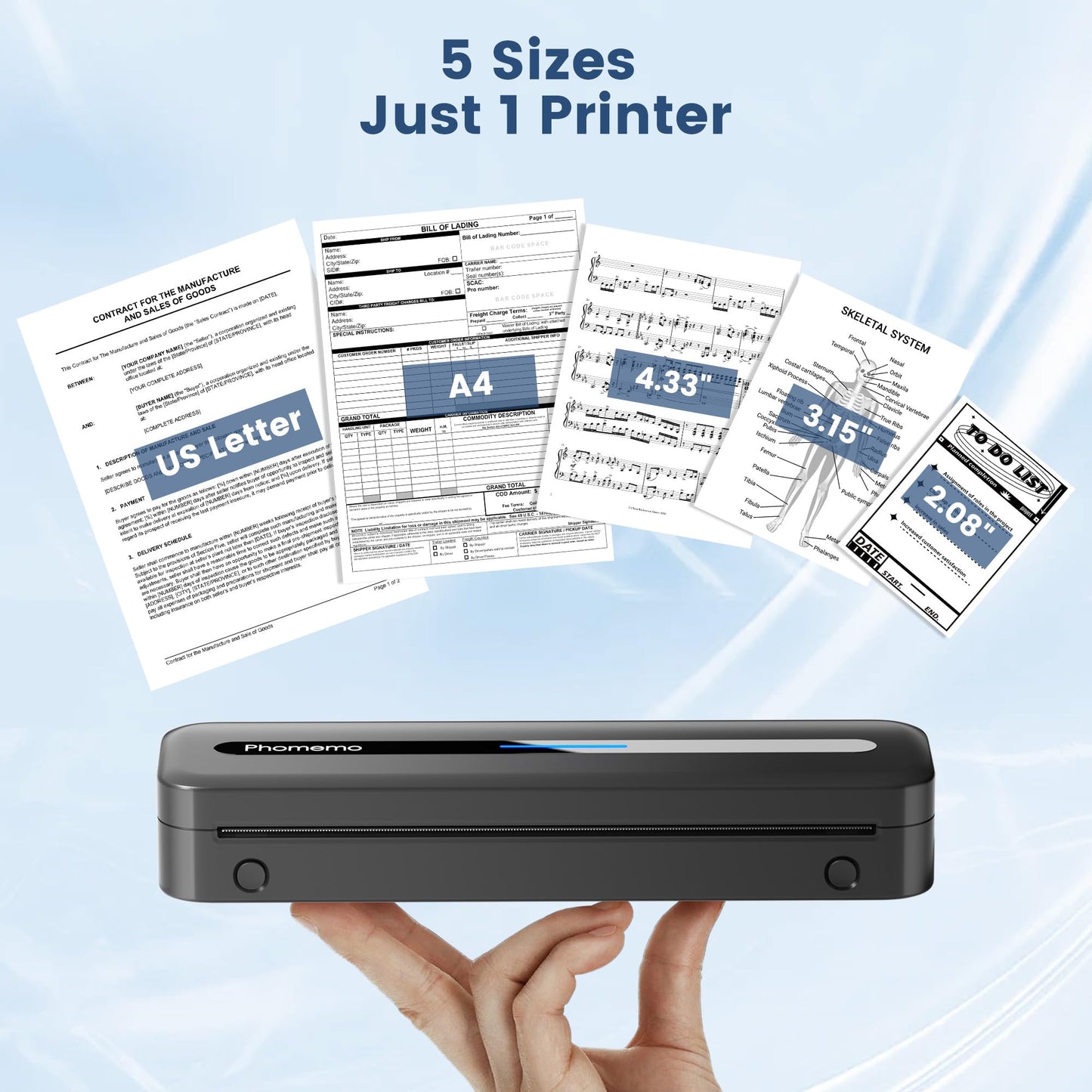 Phomemo Portable Thermal Printer, M832 Wireless Bluetooth Inkless Printer, Support 8.5'' x 11'' US Letter & A4 Size, Small Mobile Printers for Phone & Laptop, with Carry Case and 4 Rolls Thermal Paper