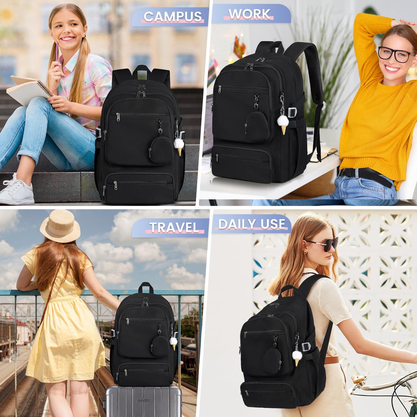 RAINSMORE Lightweight School Backpack for Women Travel Casual Daypack Rucksack Bookbag for Teen Girls Laptop Backpacks 15.6 inch for College High School, Black