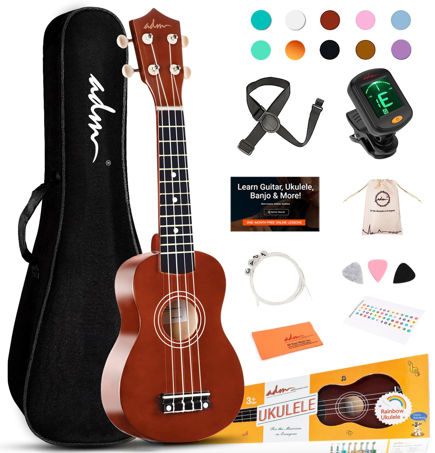 ADM Soprano Ukulele for Beginners 21 Inch Hawaiian Wood Ukelele Kit for Adult Student Starter Professional Ukalelee Pack Bundle with Free Lessons Gig Bag Strap Nylon String Tuner Pick, Brown